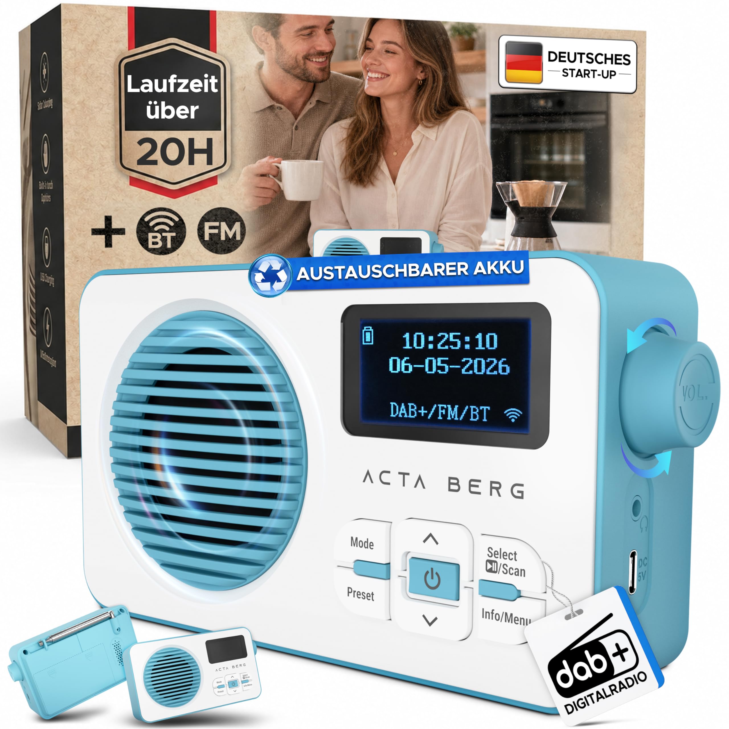 Acta Berg DAB Radio mit Akku 5000 mAh austauschbar & BT 5.3 (Baby-Blau) | DAB+/UKW-Radio, Akku austauschbar + Netzstecker, 80 Senderspeicher, USB-C, tragbares Digitalradio, mit Wecker & Timer