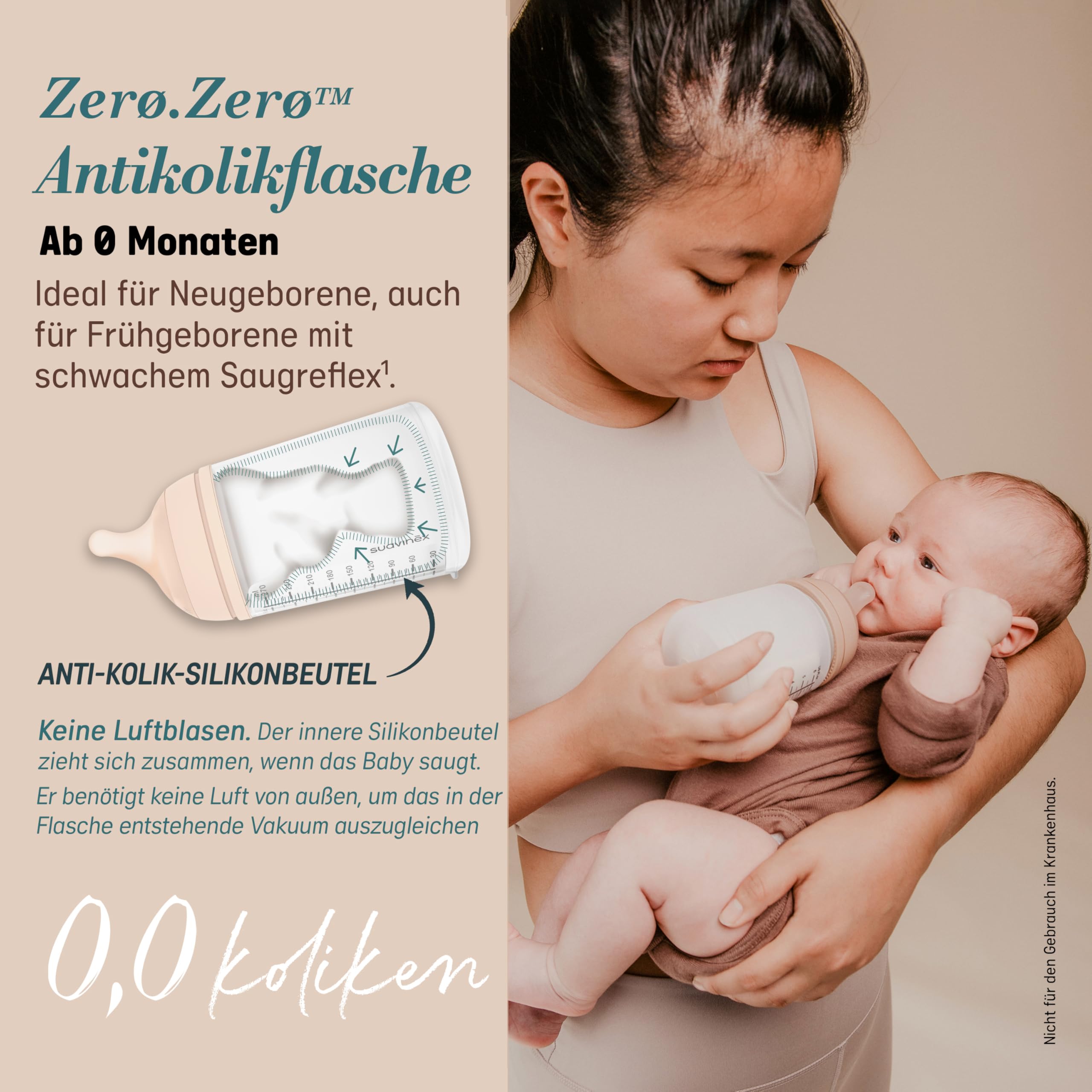 Suavinex, 4er Pack Anti-Colic Babyflasche Zero Zero,mit mittlerem Silikonsauger (M), für Babys ab 3 Monaten, Empfohlen für gestillte Babys und Flaschennahrung, 270 ml, Fair
