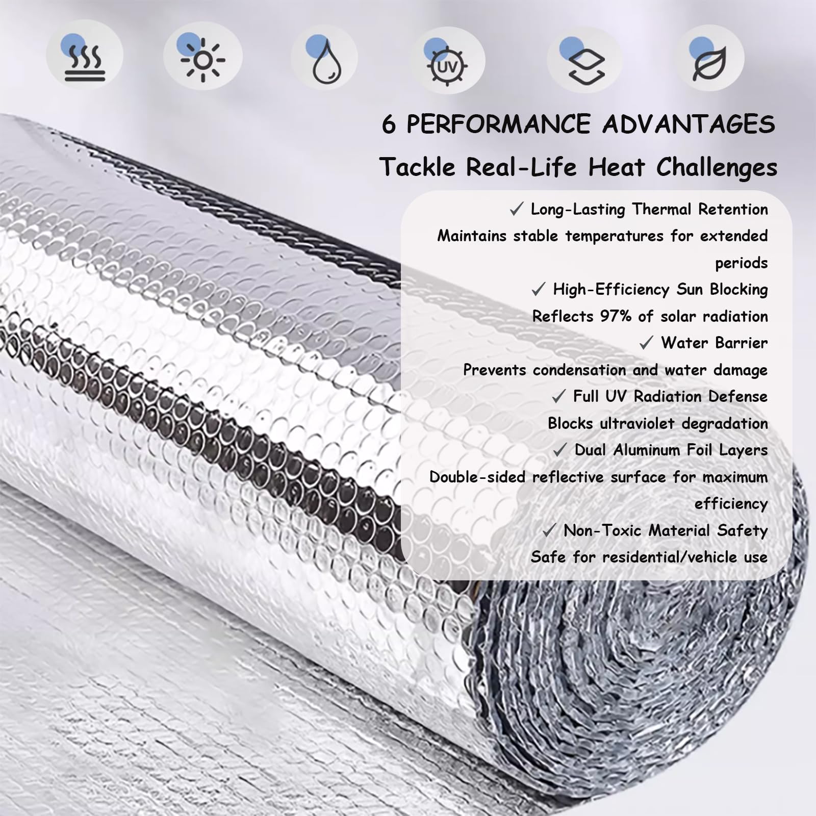Rouleau d'Isolation Réflective Autoadhésive 5mm Double Face - Double Couche à Bulles pour Voiture, Toit, Camping-Car, Abri, Mur, Combles, Bouclier Thermique(Size:10㎡= 1x10m)