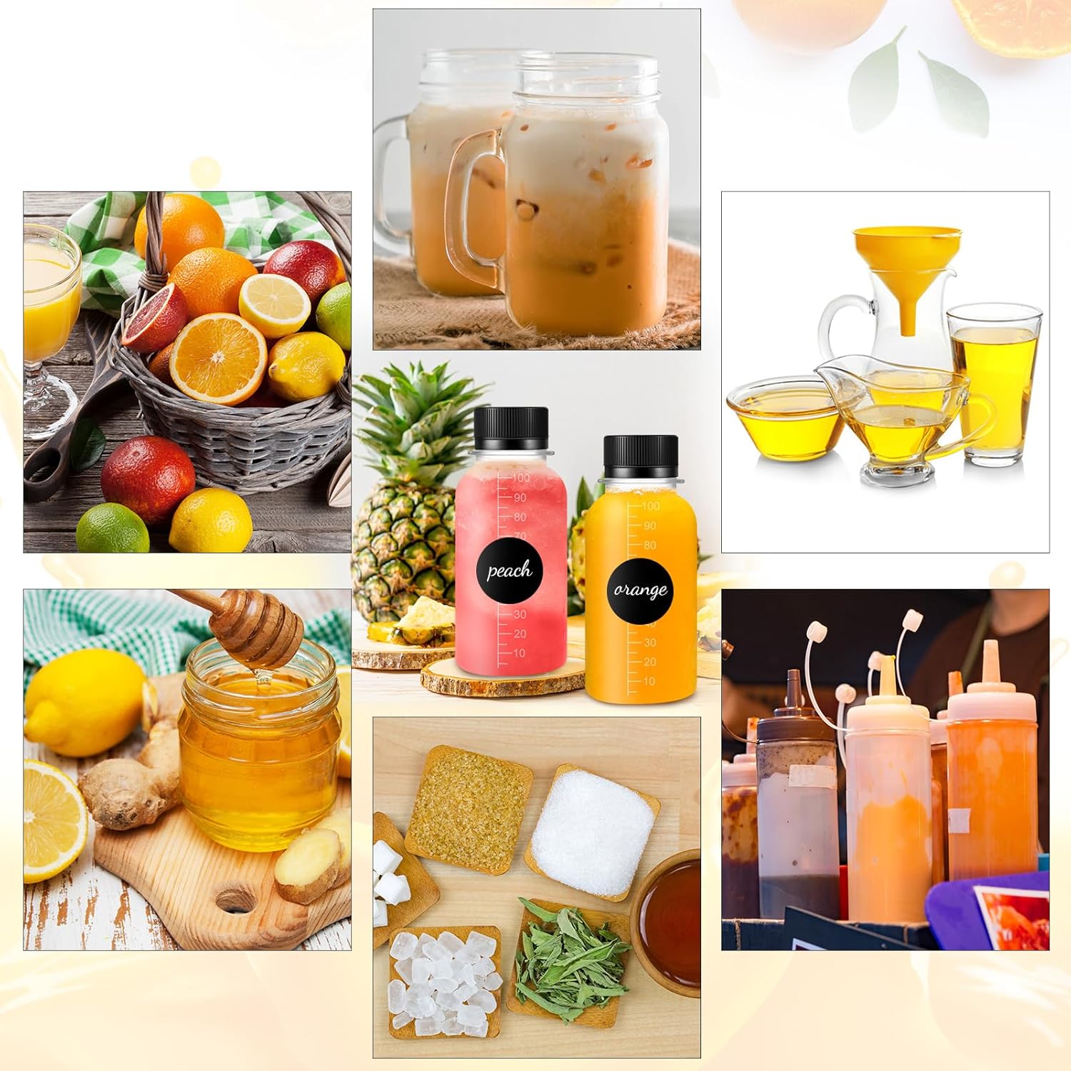 Roshtia 100 Pcs 3 oz Plastic Juice Bottle with Caps for Liquids Reusable Clear Ginger Shots Bottles Bulk Mini Jars with Lids with Scale and 3 Labels 15 Pcs Funnel for Juice Ginger Sauce Travel