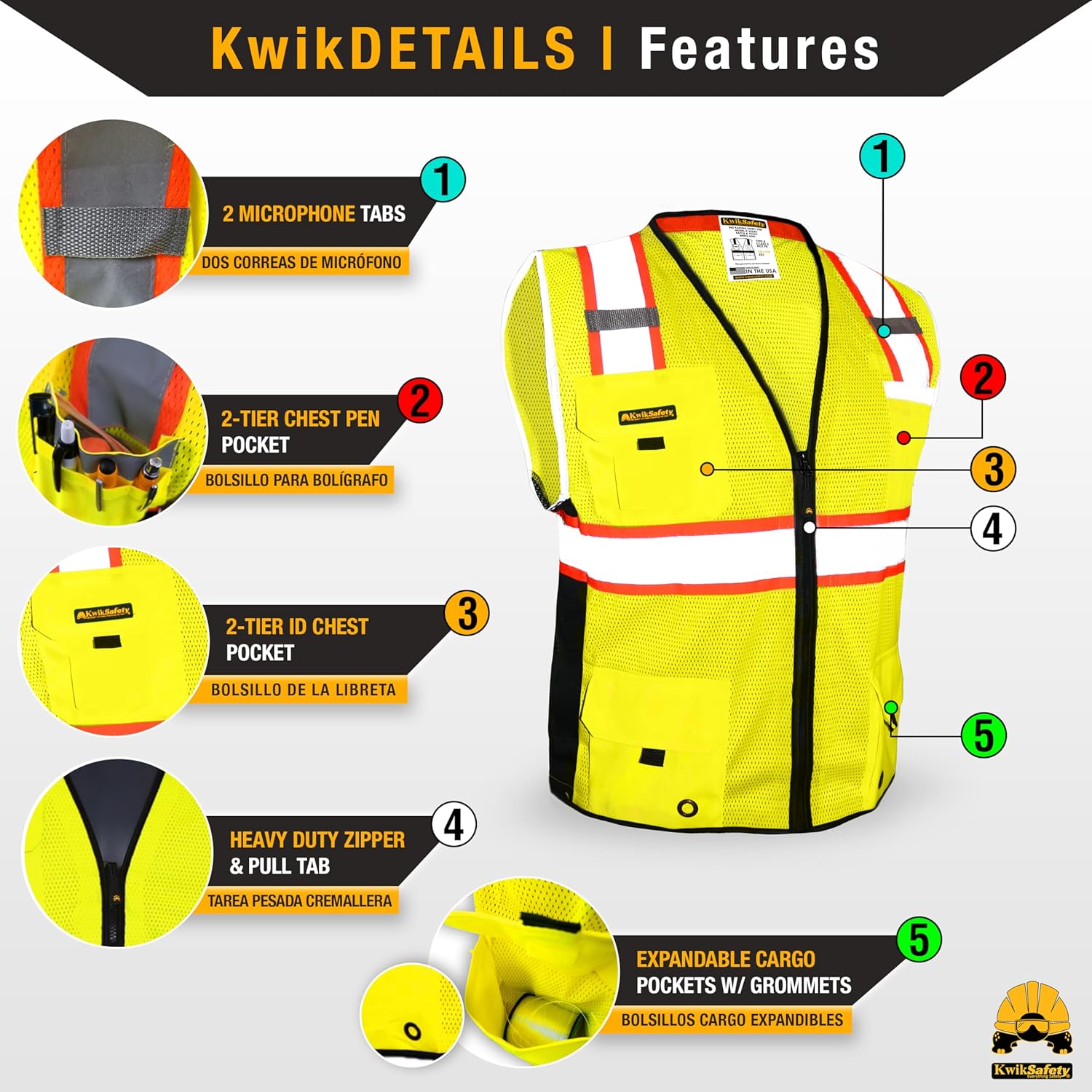 KwikSafety - Charlotte, NC - BIG KAHUNA Safety Vest [11 Pockets] Class 2 ANSI OSHA Reflective Vest Durable High Visibility Vest Construction Safety Vest for Men Industrial Work Gear/Yellow Large