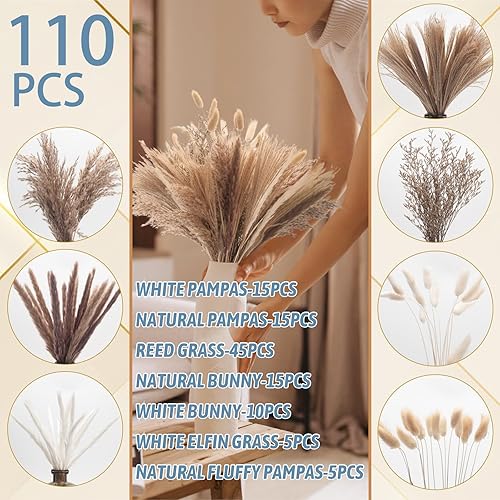 Miniatura 5 de 110 piezas de hierba de las pampas, decoración de otoño para flores secas en el hogar, guirnalda de otoño, pompas florales, decoración de sala de