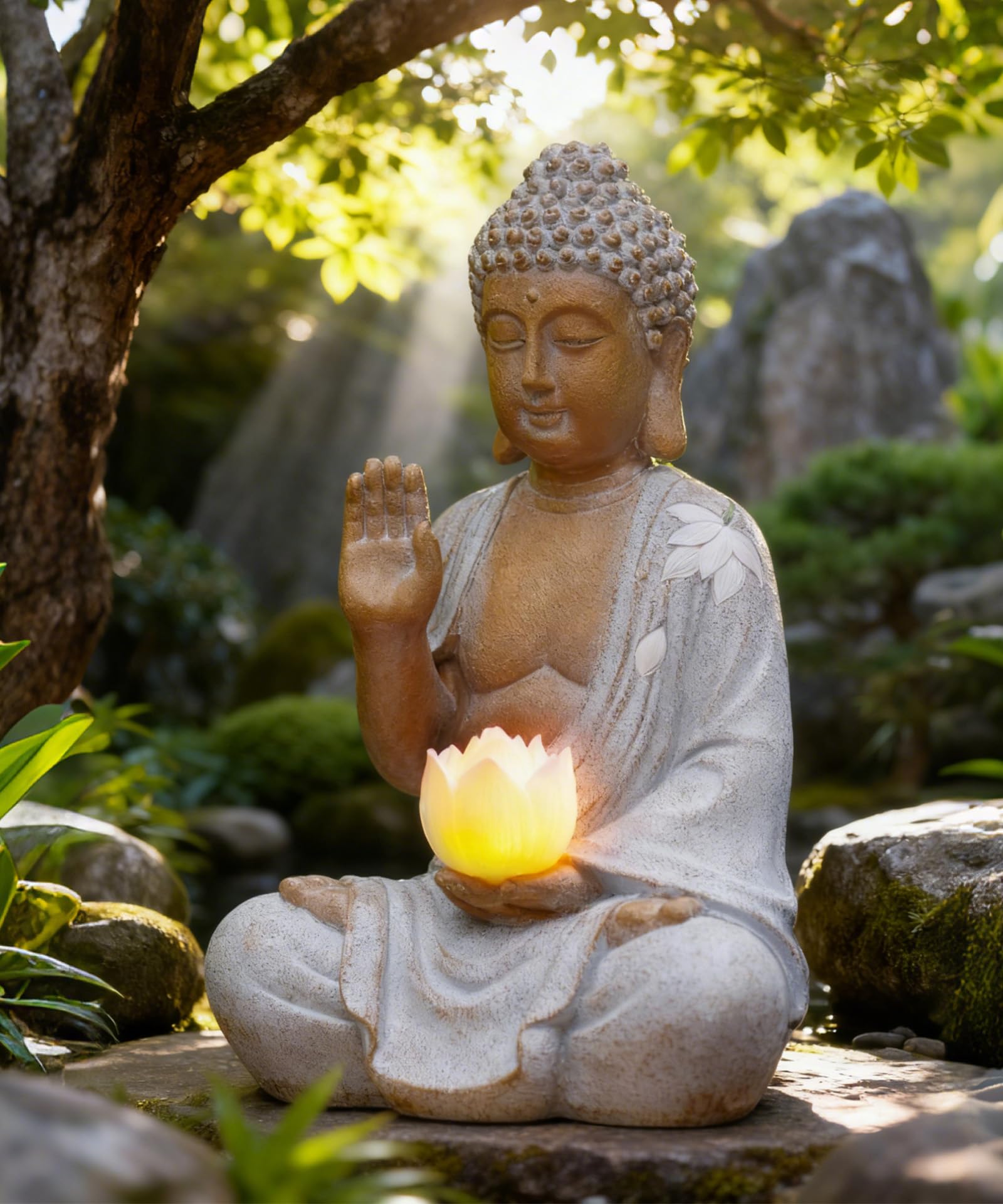 Yeomoo Figura de Buda con LED Solar LED Decoración de Jardín - Resistente a la intemperie Meditación Jardín Figuras Decoración para Zen Jardín Salón Feng Shui Regalo Espiritual para Mujeres Mamá