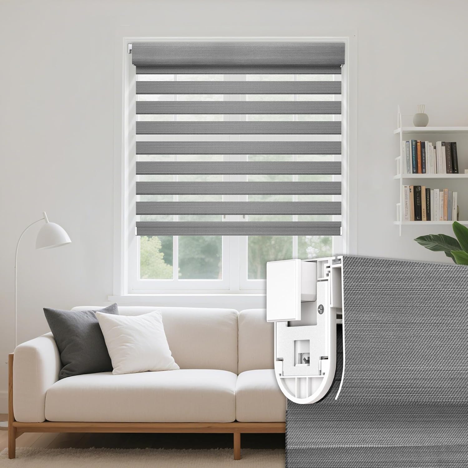 Grandekor No Drill No Tools Custom Size Zebra Blinds, Cordless Free-Stop Dual Layer Day & Night Window Shades, Light Filtering Privacy, Thermal Insulated, Silky Dark Grey