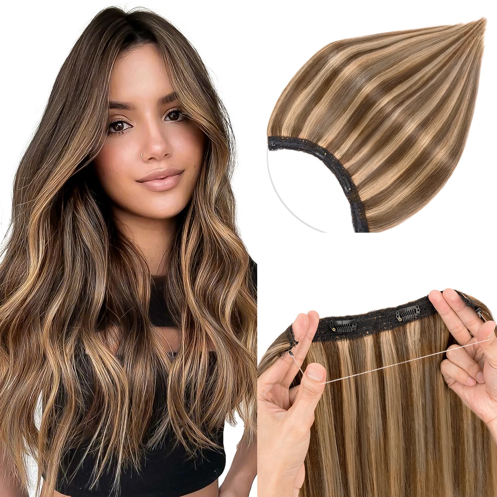 Elailite Highlighted Wire Hair Extensions Real Human Hair Invisible Clip In One Piece Secret Wire Extension Band Straight Thick