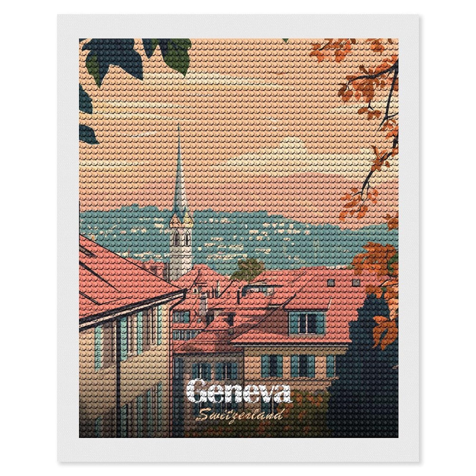Junmoney Geneva Switzerland Cityscape Travel 5D Diamond Painting Kit 16"x20", Relaxing DIY, Mindful Craft Project, Full Kit Included, Thoughtful Present