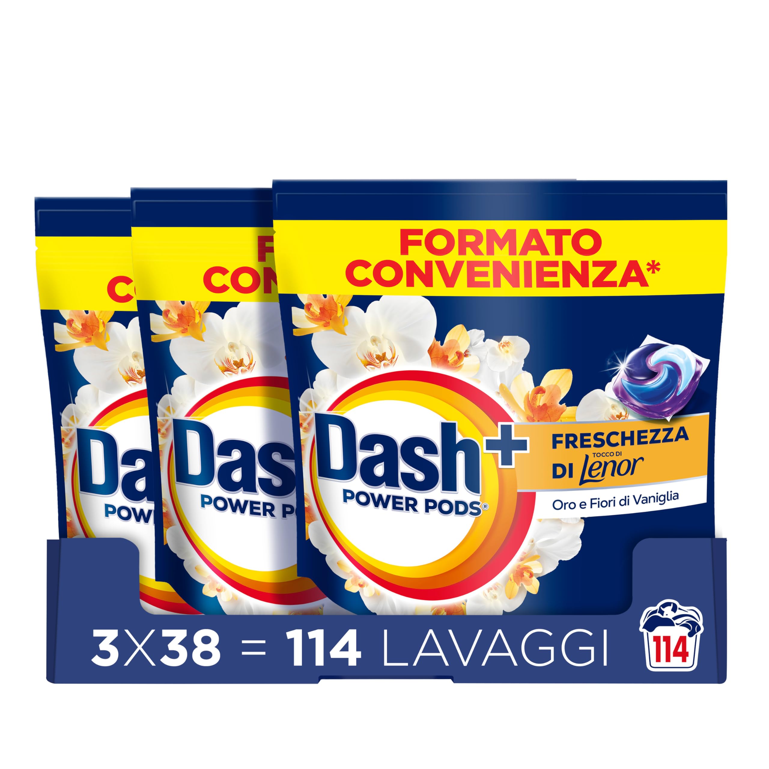 Dash Power Pods Washing Machine Detergent in Capsules, 114 Washes (38 x 3), Lenor Freshness, Gold and Vanilla Flowers, Freshness That Lasts 7 Days, Flawless Cleaning