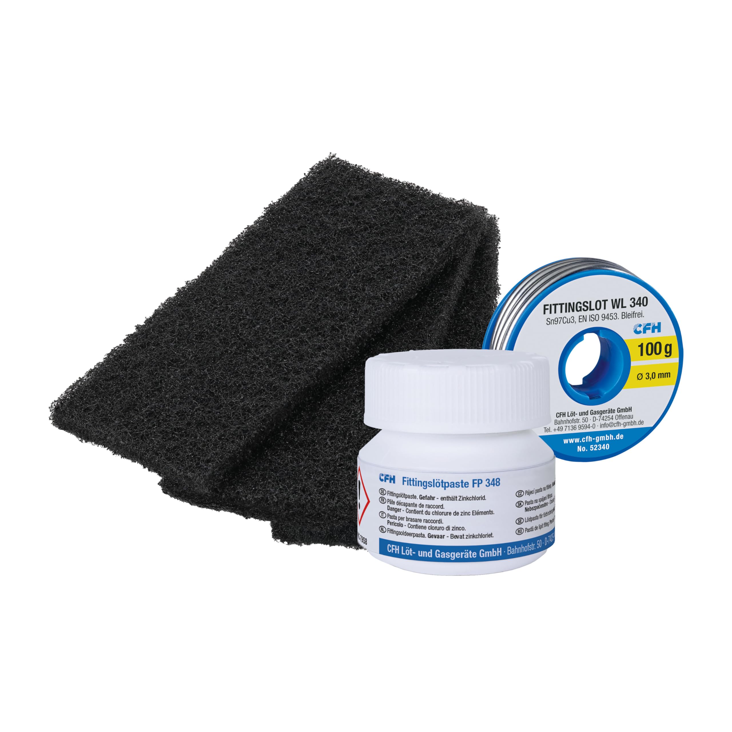 CFH Fittingslötset FS 298 – Ideales Set zum Fittingslöten von Kupferrohren in der Wasserinstallation, bestehend aus Fittingslot, Fittingslötpaste und Reinigungsvlies, bleifrei