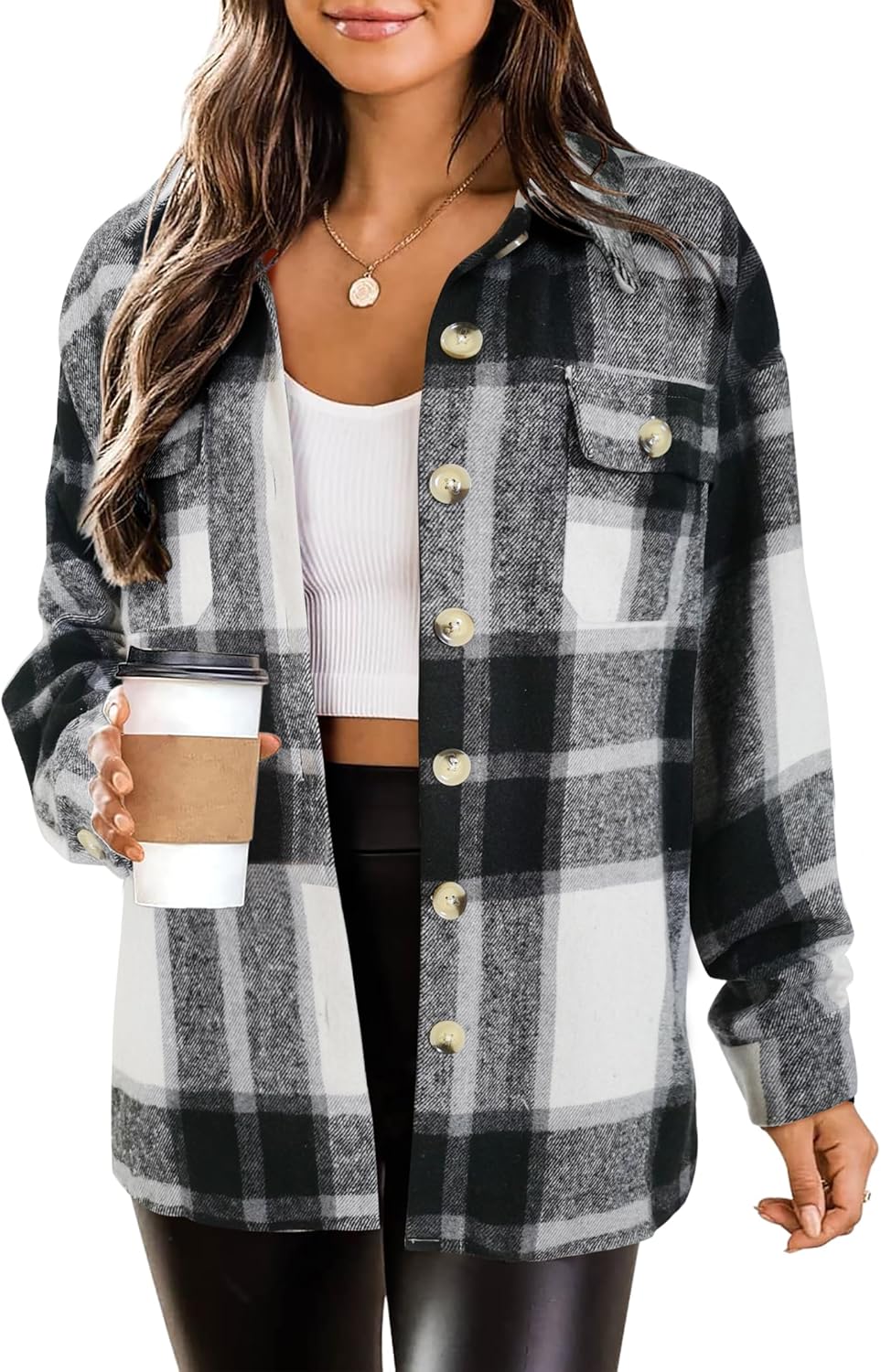 HOTOUCH Womens Flannel Plaid Shacket Jacket Button Down Tartan Trench with Pocket Long Sleeve Cropped Fashion Coat S-XXL
