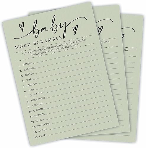 Baby Shower Word Scramble - Juego de fiesta y actividad verde musgo minimalista - Tarjetas de juego de 5 x 7 pulgadas, juego de revelación de