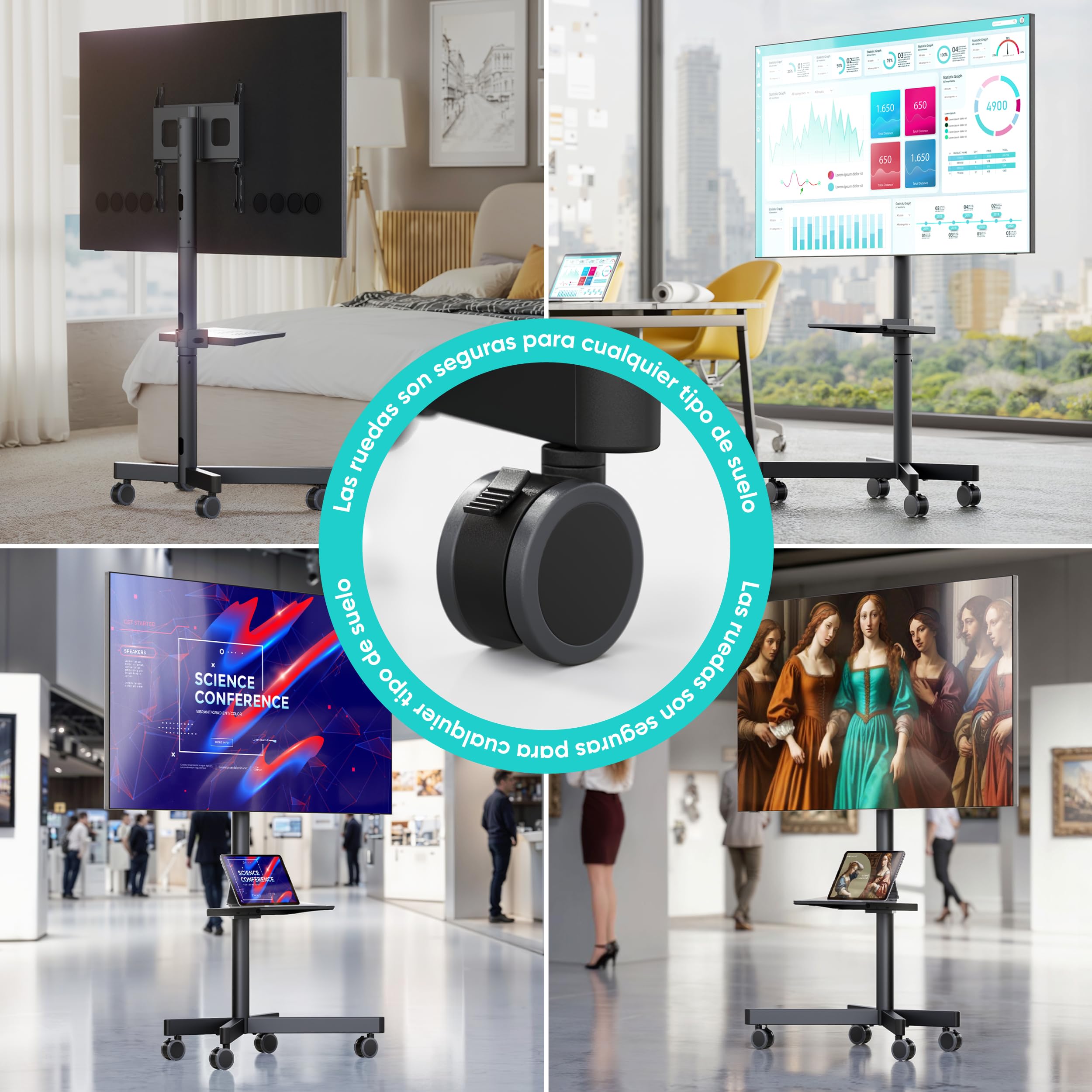 ONKRON Soporte TV con Ruedas 23-60 Pulgadas, Carga Total 45 kg, VESA 100x100-400x400 mm, Carro para Televisor Ajustable en Altura, con Estante AV, Pie para Television Móvil, Color Negro TS1137-B