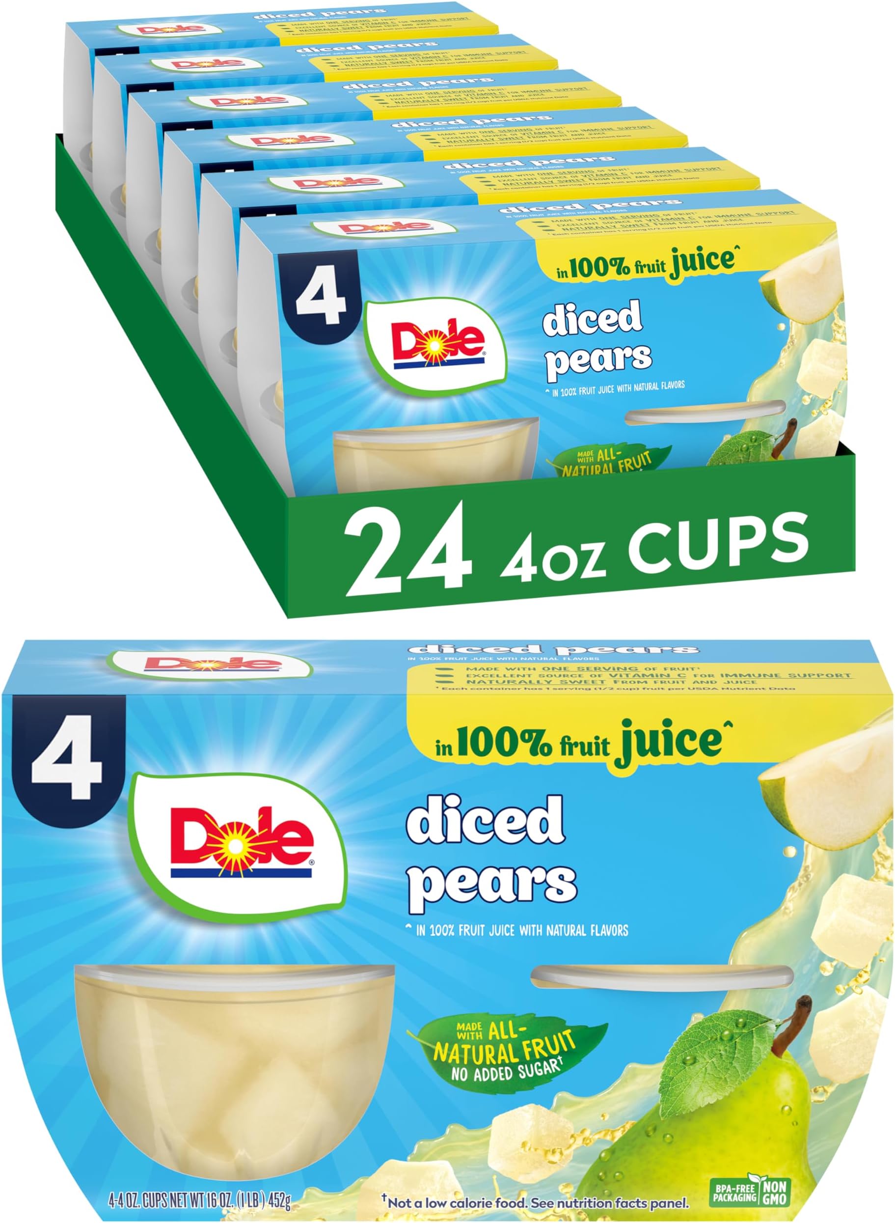 FRUIT BOWLS Diced Pears in 100% Juice, 4 Cups (Pack of 6)