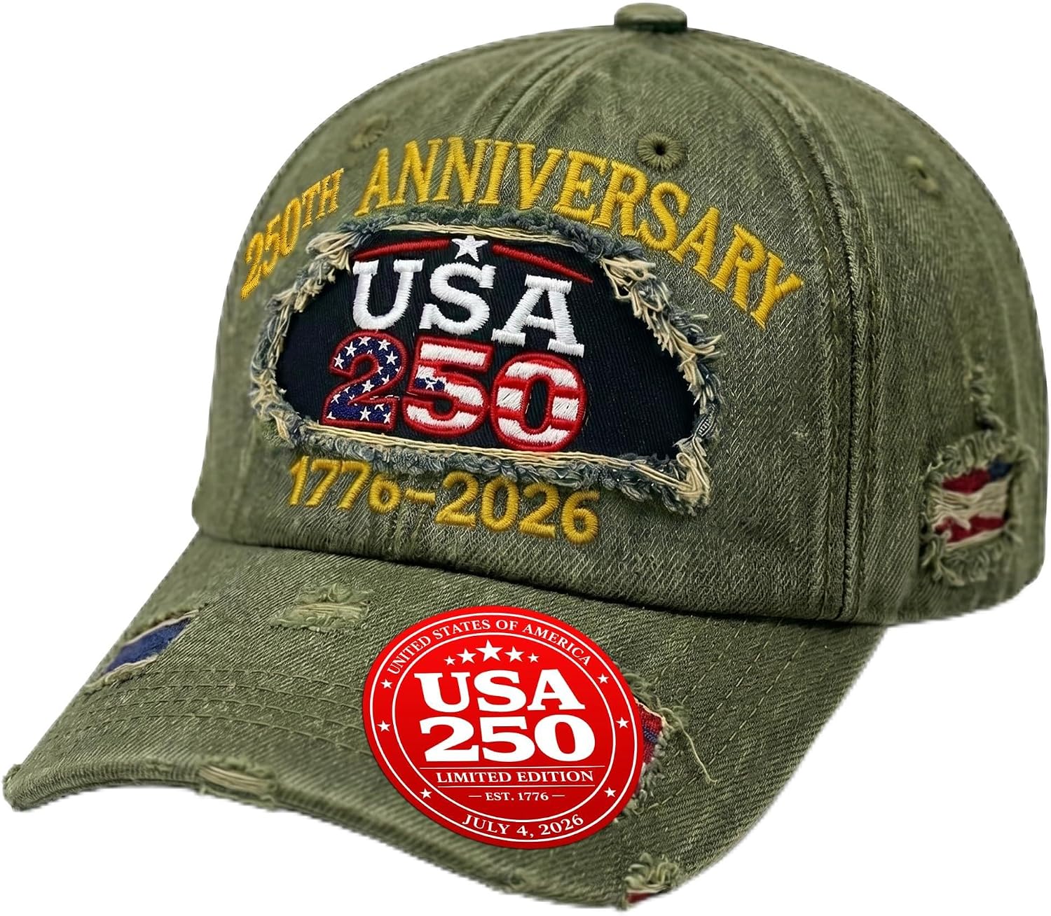 250th Anniversary Hat 1776–2026 – Distressed Baseball Cap with Embroidered, Metal Buckle, 4th of July Cap