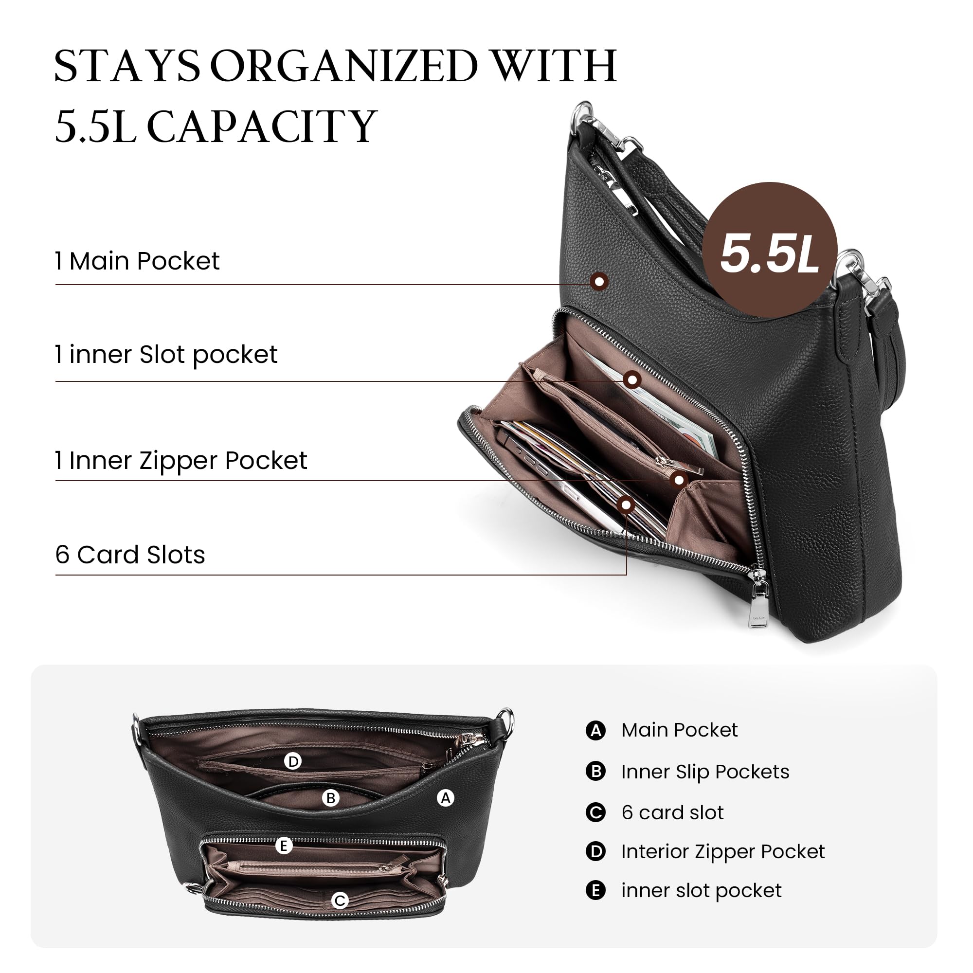 befen Echtleder Handtasche Damen Mittelgroß, Umhängetasche Anti Diebstahl | Hobo Bag, Leder Schultertasche Damen Shopper Tasche mit 2 Schultergurten - Einfache Klassische Elegante