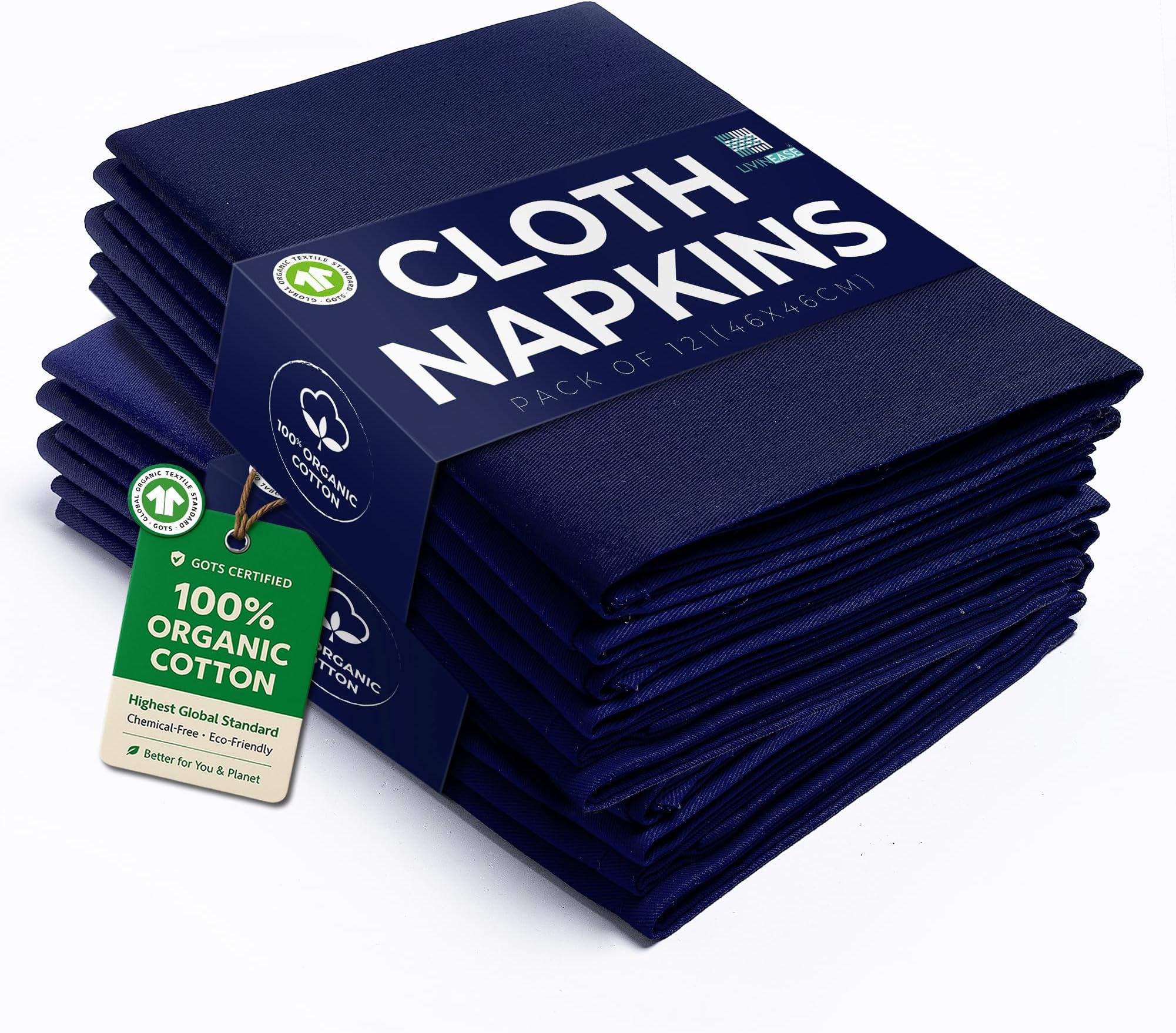 LivinEase Cotton Cloth Napkins Set of 12-100% Cotton 46 x 46 cm Reusable Oversized Navy Dinner Napkins -Heavy Weight Hotel Quality Pure Cotton Fabric -Ideal for Home Use & Events