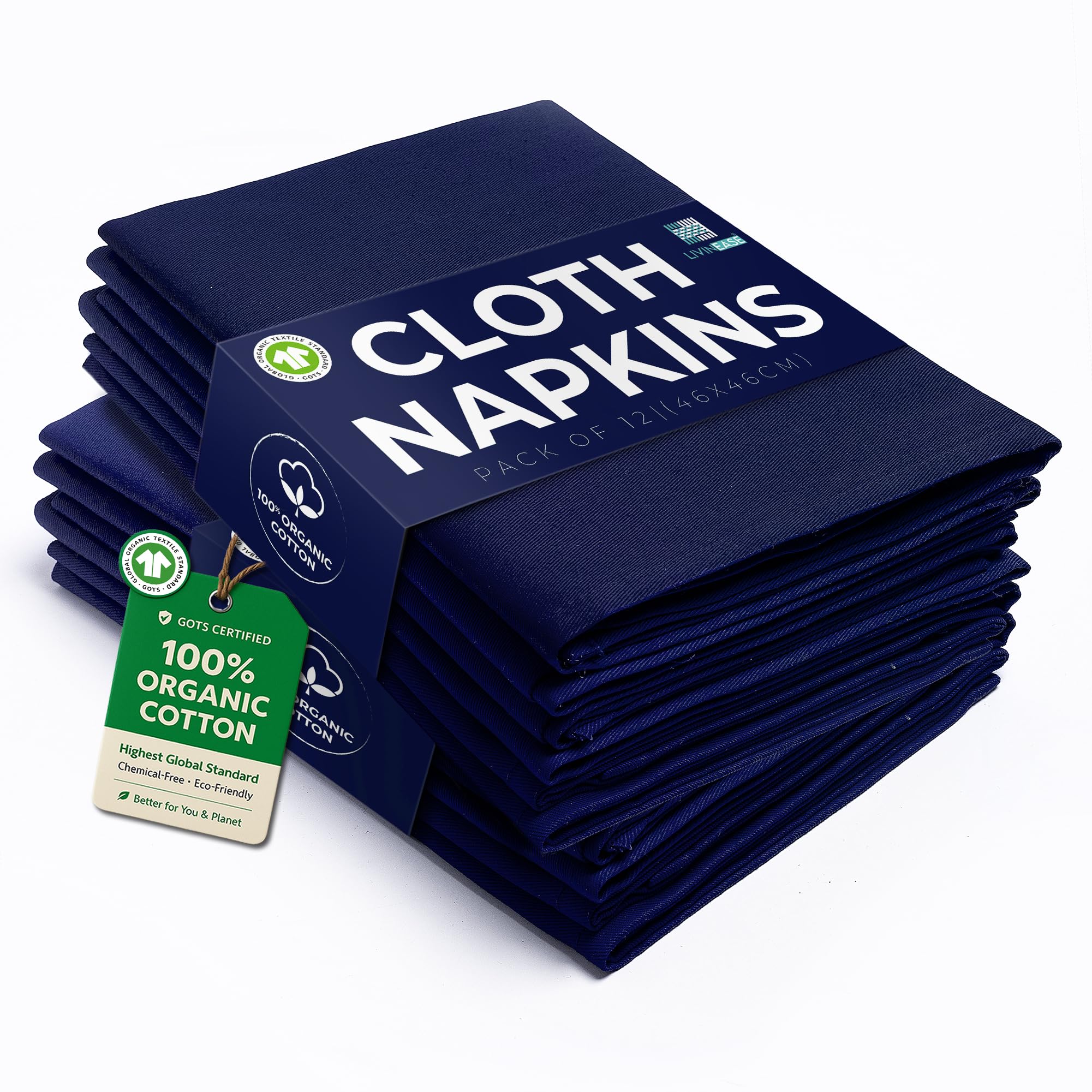 LivinEase Cotton Cloth Napkins Set of 12-100% Cotton 46 x 46 cm Reusable Oversized Navy Dinner Napkins -Heavy Weight Hotel Quality Pure Fabric -Ideal for Home Use & Events (Navy)