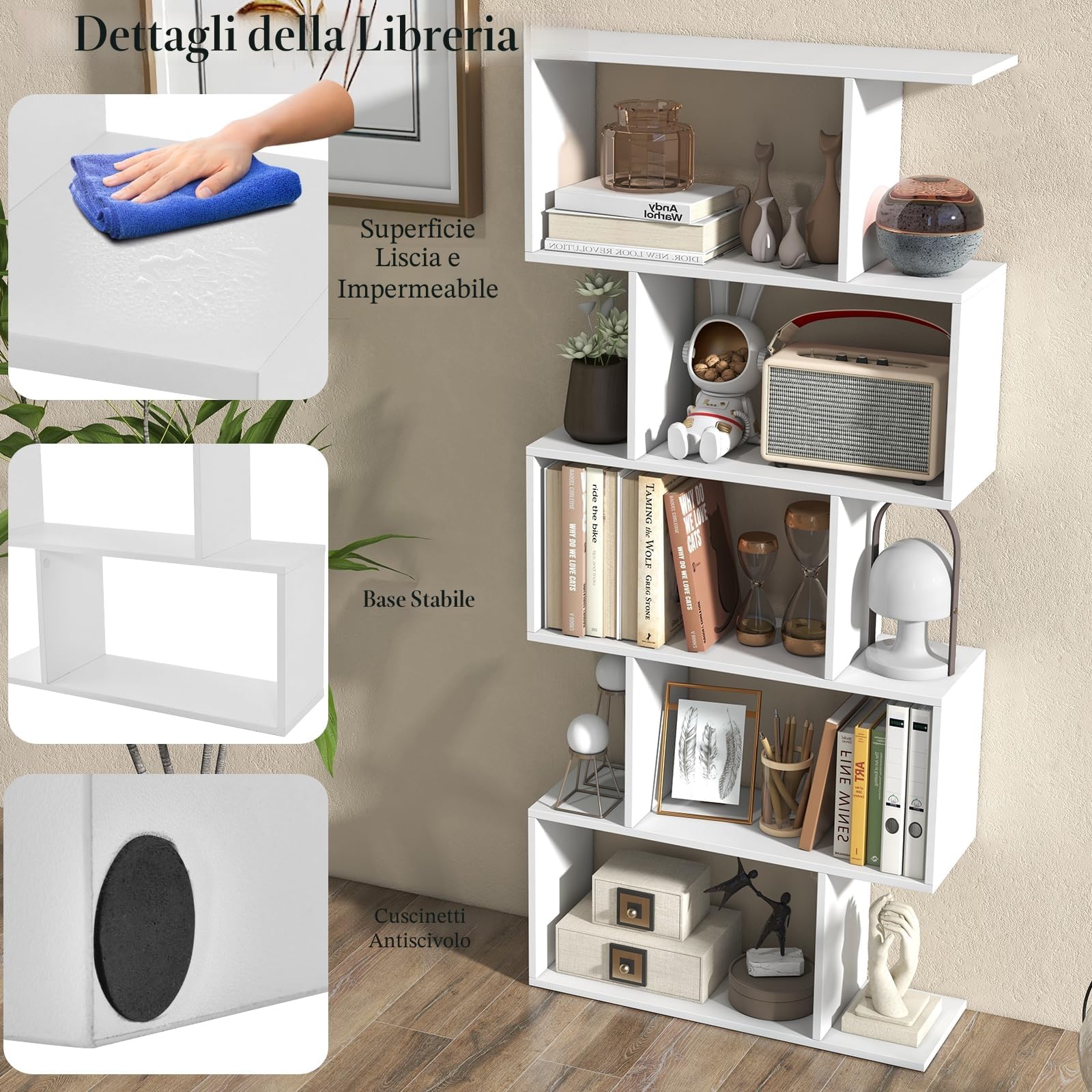 HOMASIS Libreria a Forma di S, Scaffale di Stoccaggio con 5 Livelli, Libreria Scaffale da Terra in Legno, Scaffale Divisorio Verticale per Soggiorno, Camera da Letto, Ufficio, 70x23,5x158cm (Bianco)