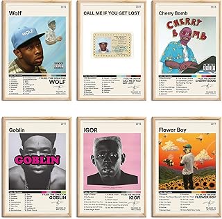 Tyler Rapper The Creator Poster, Rap Music Album Cover Artwork and Tracklist Posters Set of 6 Canvas Wall Art Prints Aesthetic Home Decor for Bedroom Living Room (8x12 Inch, Unframed)