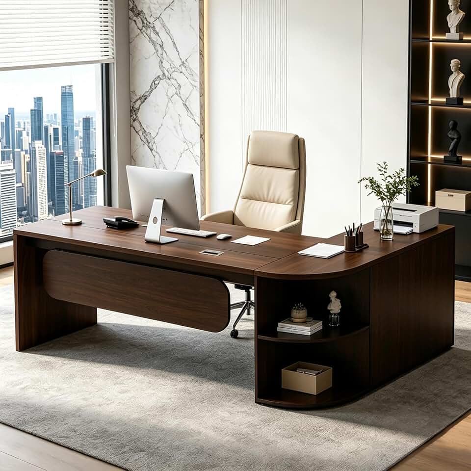 Executive L-Shaped Office Desk with Storage Shelves, Modern Executive Desk with Curved Edge, Large Workstation Desk for Home Office, Business Office Furniture
