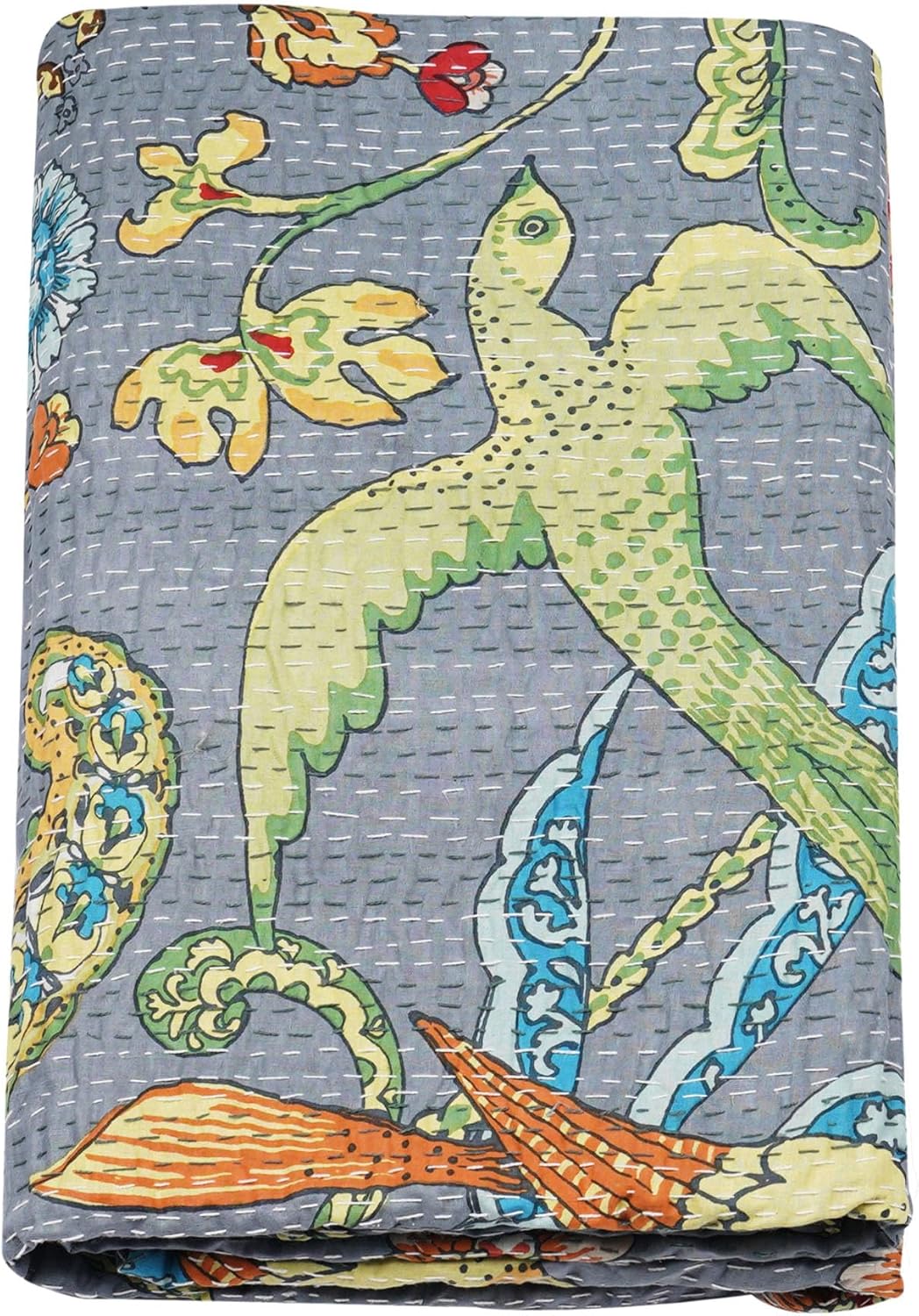 Marubhumi Indian Handmade Traditional Unique Print Kantha Quilt Throw Blanket Bespread Hand Stitched with Love (Gray, Queen (90"x 108"))