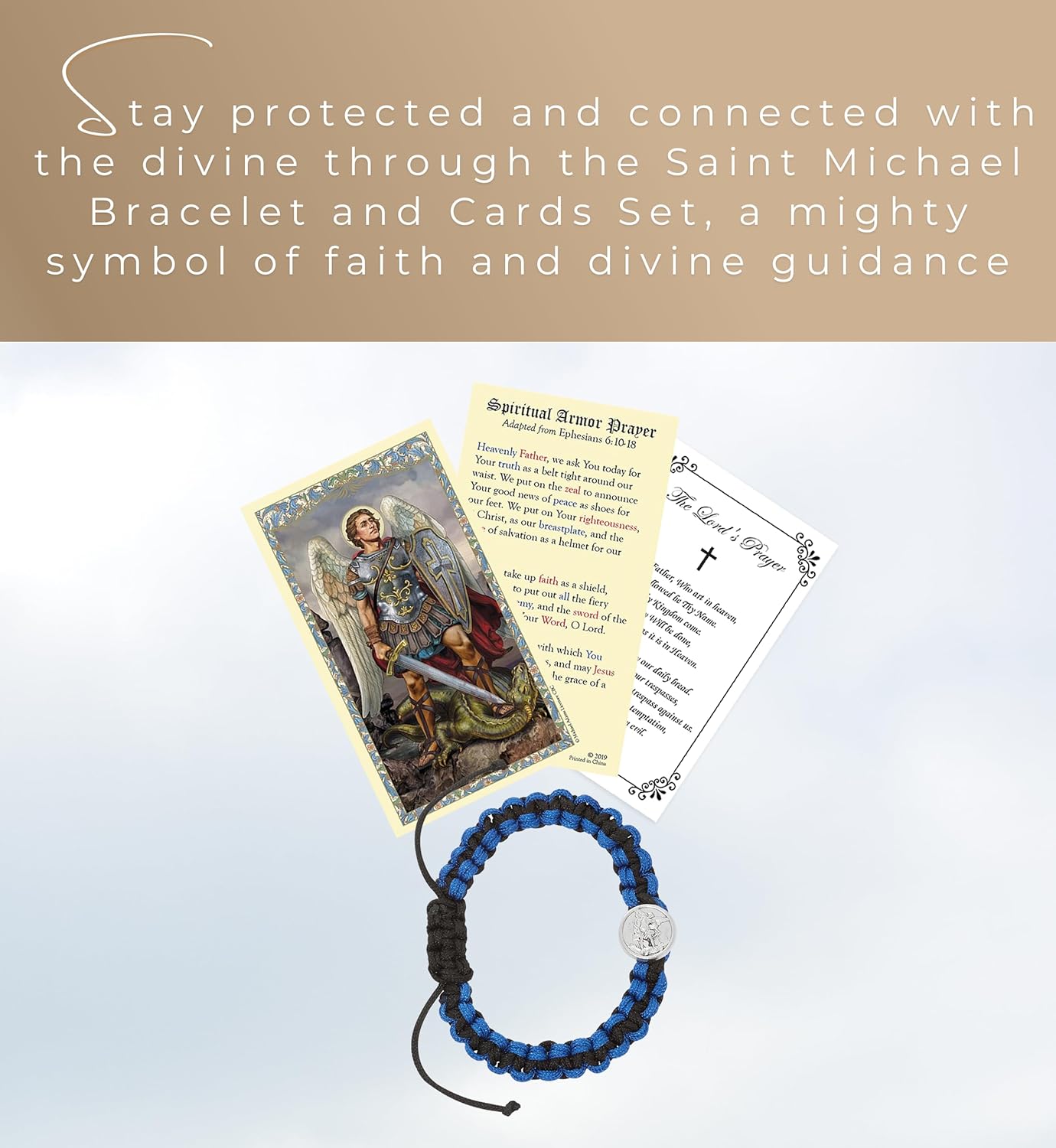 Saint Michael Bracelet - Laminated St Michael the Archangel Prayer Card, The Lord's Prayer - Adjustable Corded San Miguel Arcangel Bracelet, Catholic Cards Set - 3 Items - Image 2