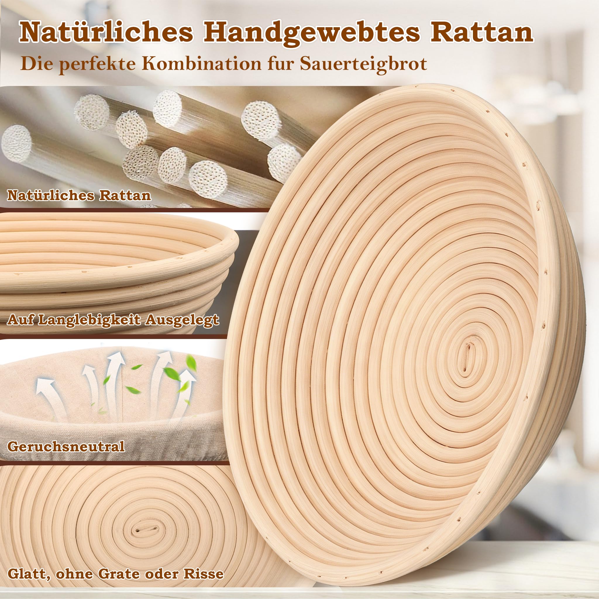 FIVAVA Gärkorb Brot Set, Gärkörbchen Rund 23cm,Brot Backen Zubehör Hochwertiges Rattan Mit Leinenbezug,Teigbesen,Bäckermesser,Teigbesen für Anfänger & Profibäcker,Brotgärkorb,Brotbacken