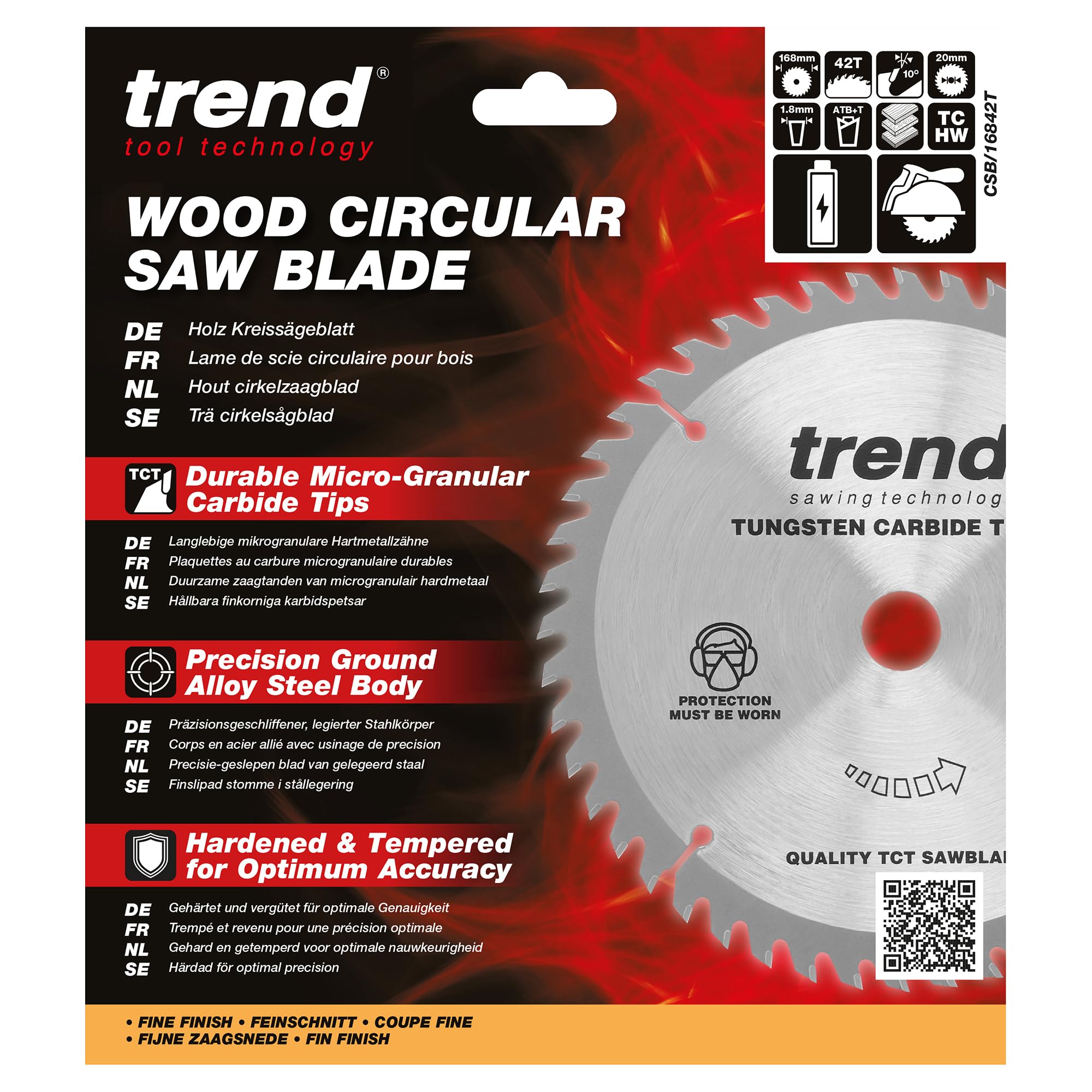 Trend Lame de scie circulaire sans fil Wood, diamètre 168 mm, alésage 20 mm, 42 dents, trait de scie 1,8 mm, crochet +10°, TCT, finition fine, CSB/16842T