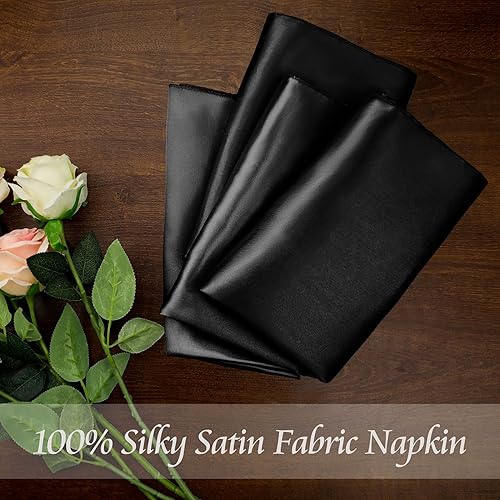 Miniatura 3 de Juego de 60 servilletas de satén negro de 20 x 20 pulgadas, servilletas cuadradas de tela de satén, elegantes y reutilizables para bodas, cenas,