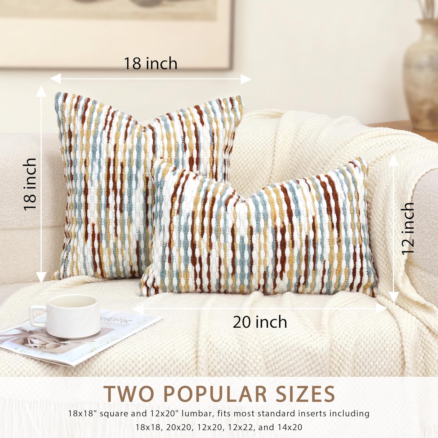 Boho Decorative Throw Pillow Covers 18x18 Inch, Chenille Tufted Pillow Cover Stripe Textured Square Farmhouse Accent Pillowcase for Couch Sofa Bedroom Living Room, Red White Khaki Grey 1 Pack - Image 5