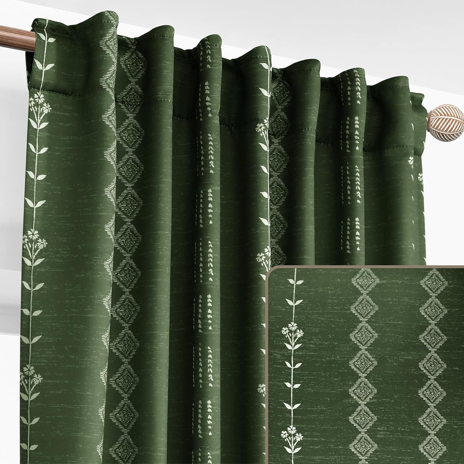 Lino Rosa Bathroom Curtains Window,Dark Leaf Green Boho Floral Privacy Opaque Spring Kitchen Curtains 45 Inch Length