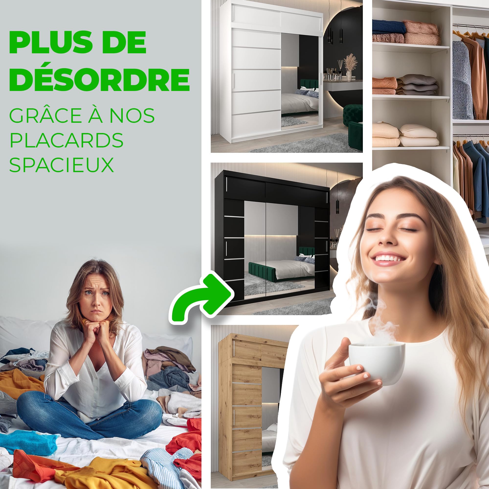 ABIKSMEBLE Armoire Verona 4 avec Porte Coulissante Miroir - Dressing pour Chambre Adulte - Penderie Vêtement - Garde Robe - Placard 2 Portes - Closet