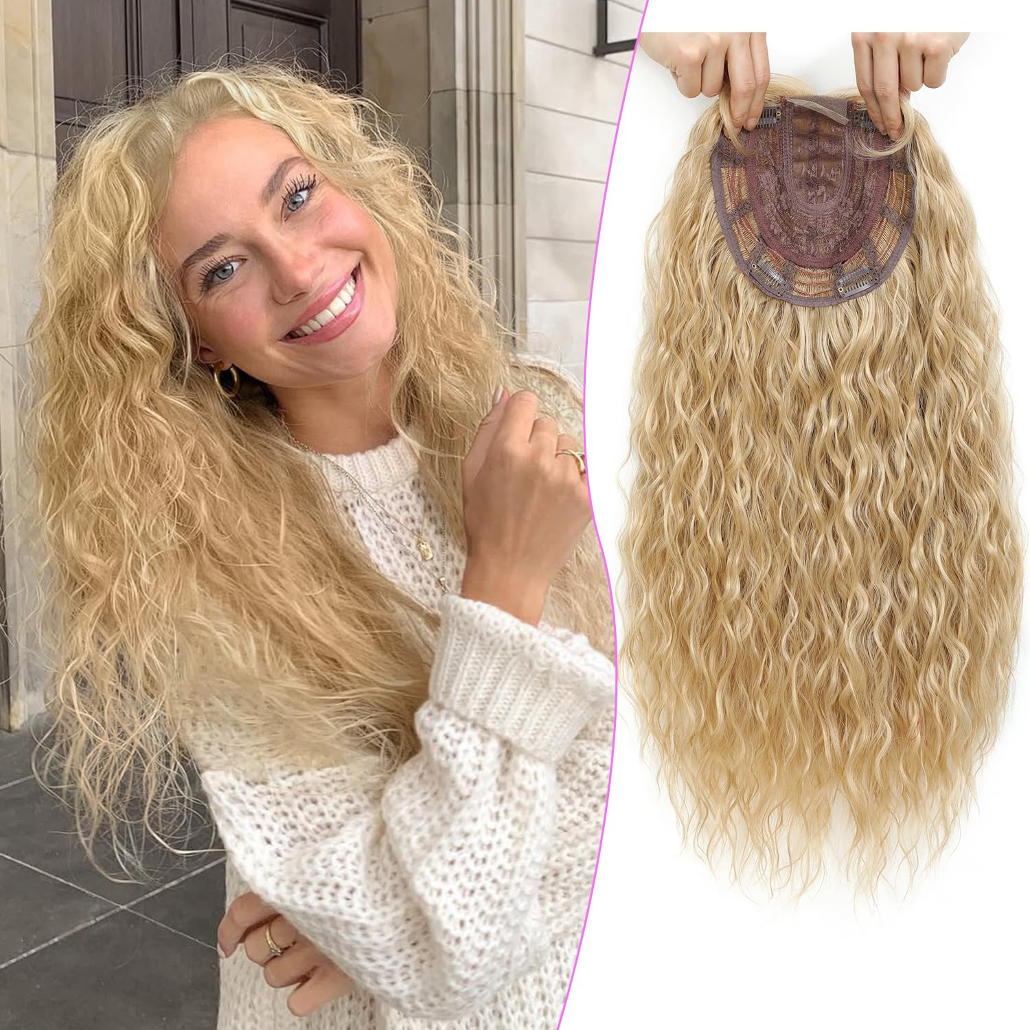 Curly Hair Toppers For Women with Thinning Hair Synthetic 6.5’’x6.5’’ Ladies Wiglets Full Coverage Blonde Topper Perfect for Daily, Holiday, Style 20 Inch Golden Blonde