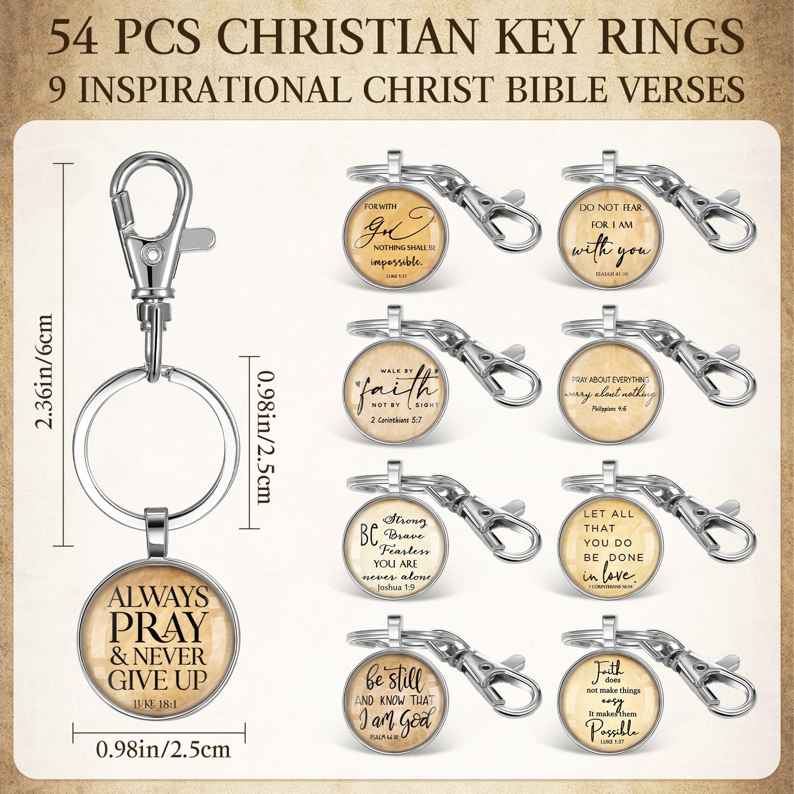 Fumete 54 Pcs Christian Keychain Bulk Bible Verse Religious Keychain Scripture Quote Inspirational Gifts for Father Men Women (Silver)