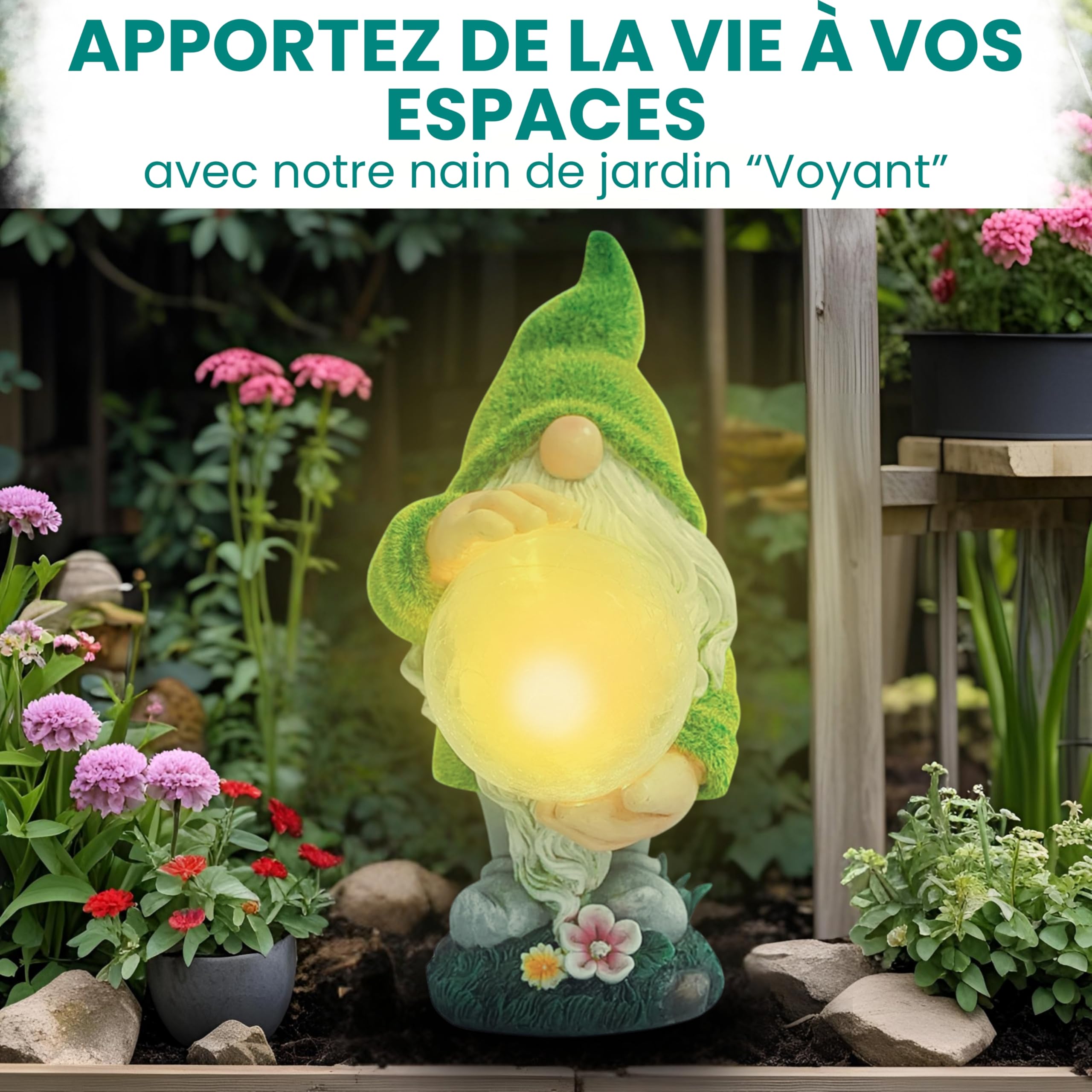 Nain Voyant avec Lumière Solaire – Figurine Décorative de Jardin en Résine – Nain avec Boule Lumineuse LED – Décoration Originale pour Jardin, Terrasse et Patio