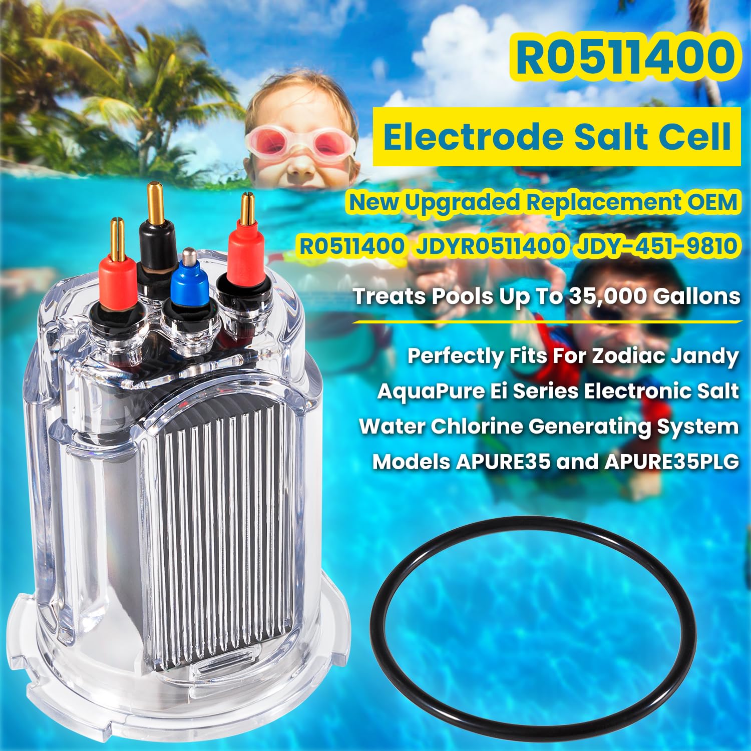 R0511400 - 35 electrodos de repuesto para Zodiac Jandy AquaPure Ei Series 35 Generador electrónico de cloro de agua salada APURE35 APURE35PLG piscinas de hasta 35,000 galones con junta tórica R0511600