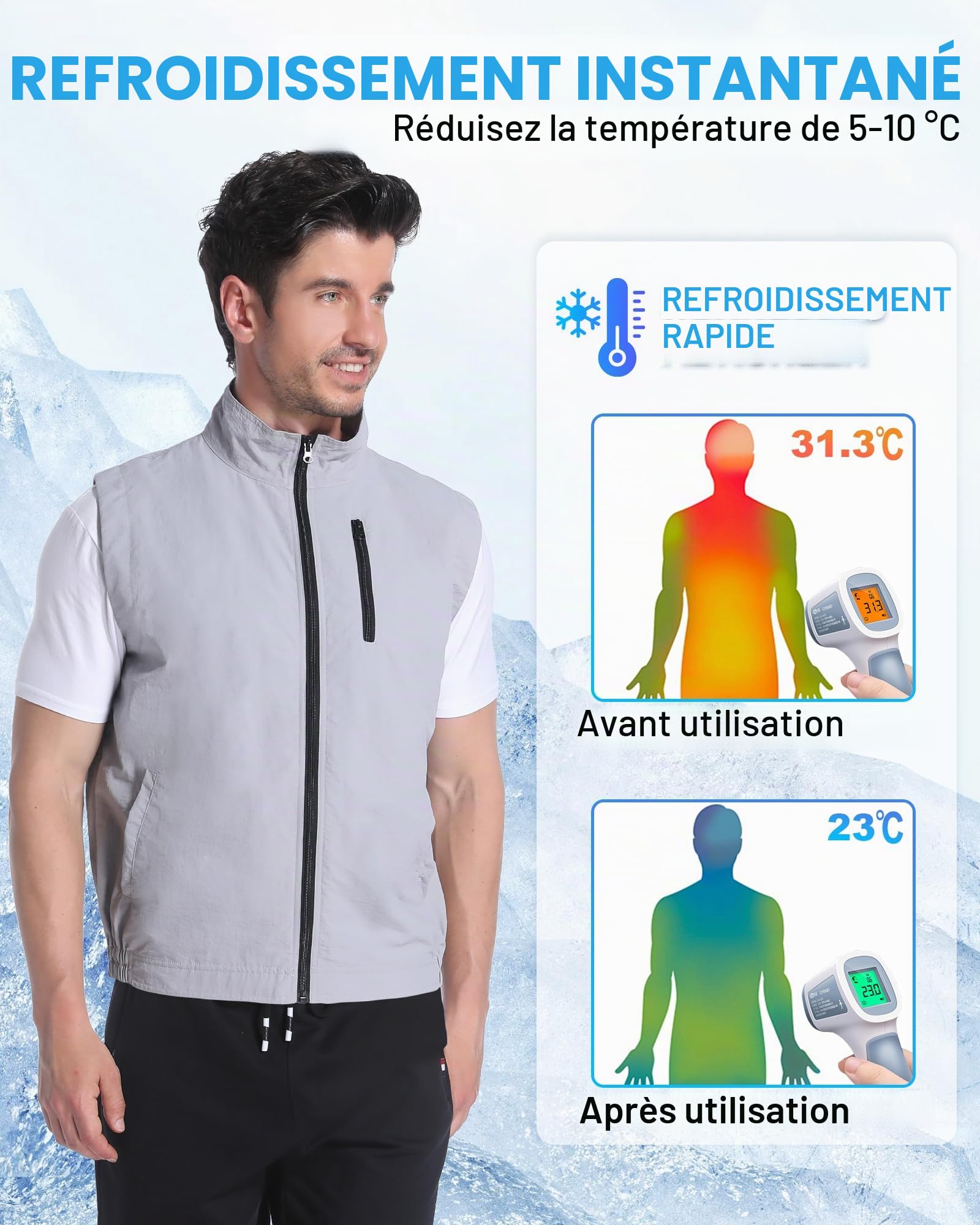 FERNIDA Gilet rafraîchissant, gilet de glace avec 24 poches de glace, pour hommes et femmes, sans manches en nylon, vêtements frais et respirants pour l'été, plein air, temps chaud, chasse, travail