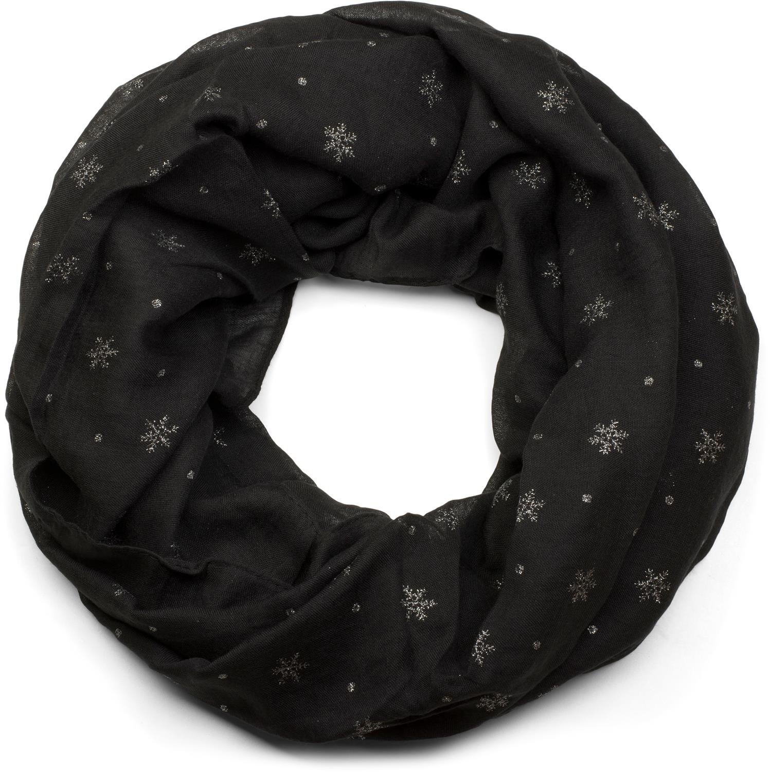 Stylebreaker Women's Black Loop Scarf With Glitter Snowflake Print, Soft Tubular Scarf Unicoloured, Shawl 01017064, Colour: