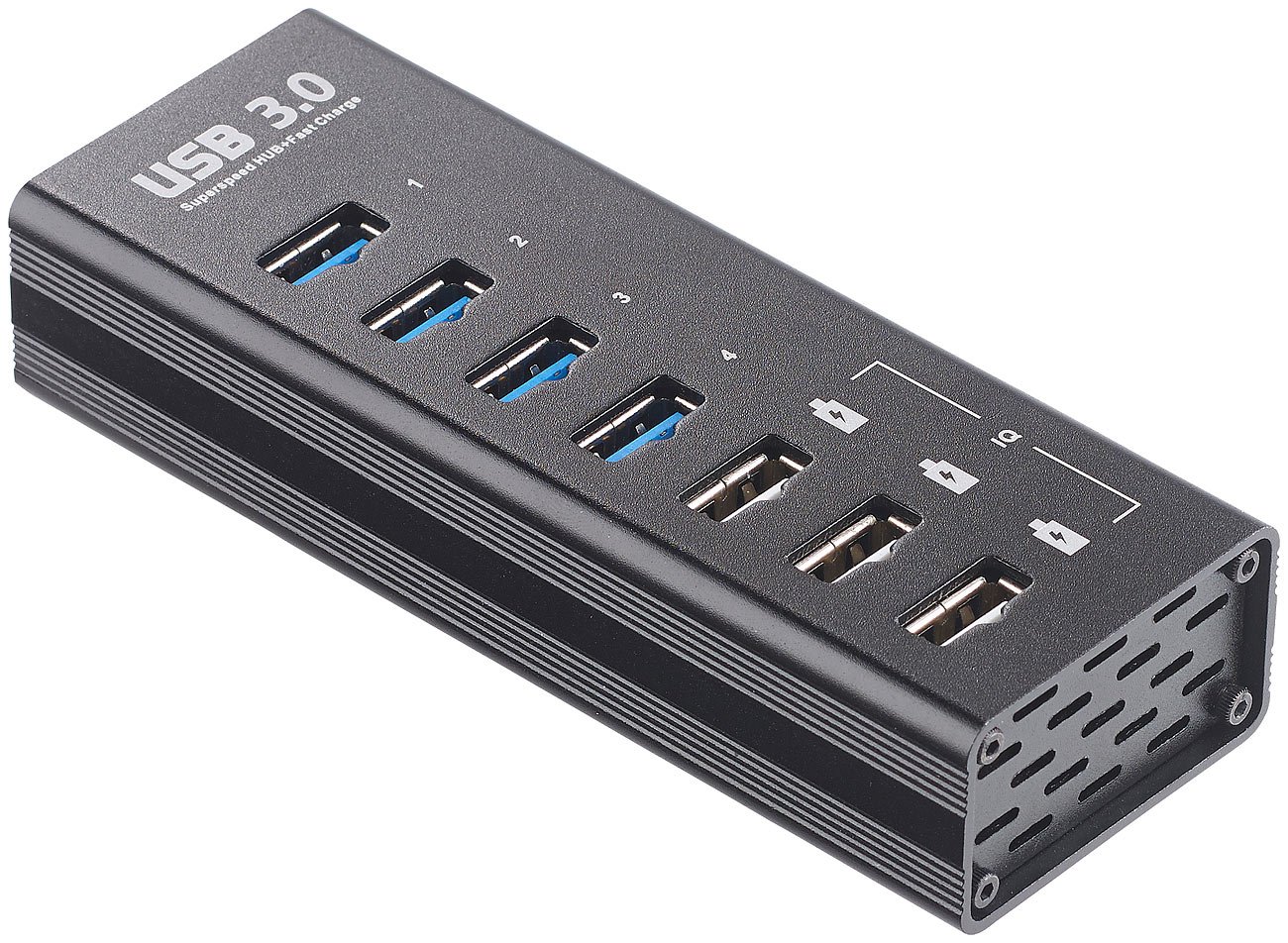 Aktywny hub USB 3.0 Xystec z 4 portami danych i 3 portami szybkiego ładowania BC 1.2, 5 Gbit/s, zasilacz 5 V/4 A
