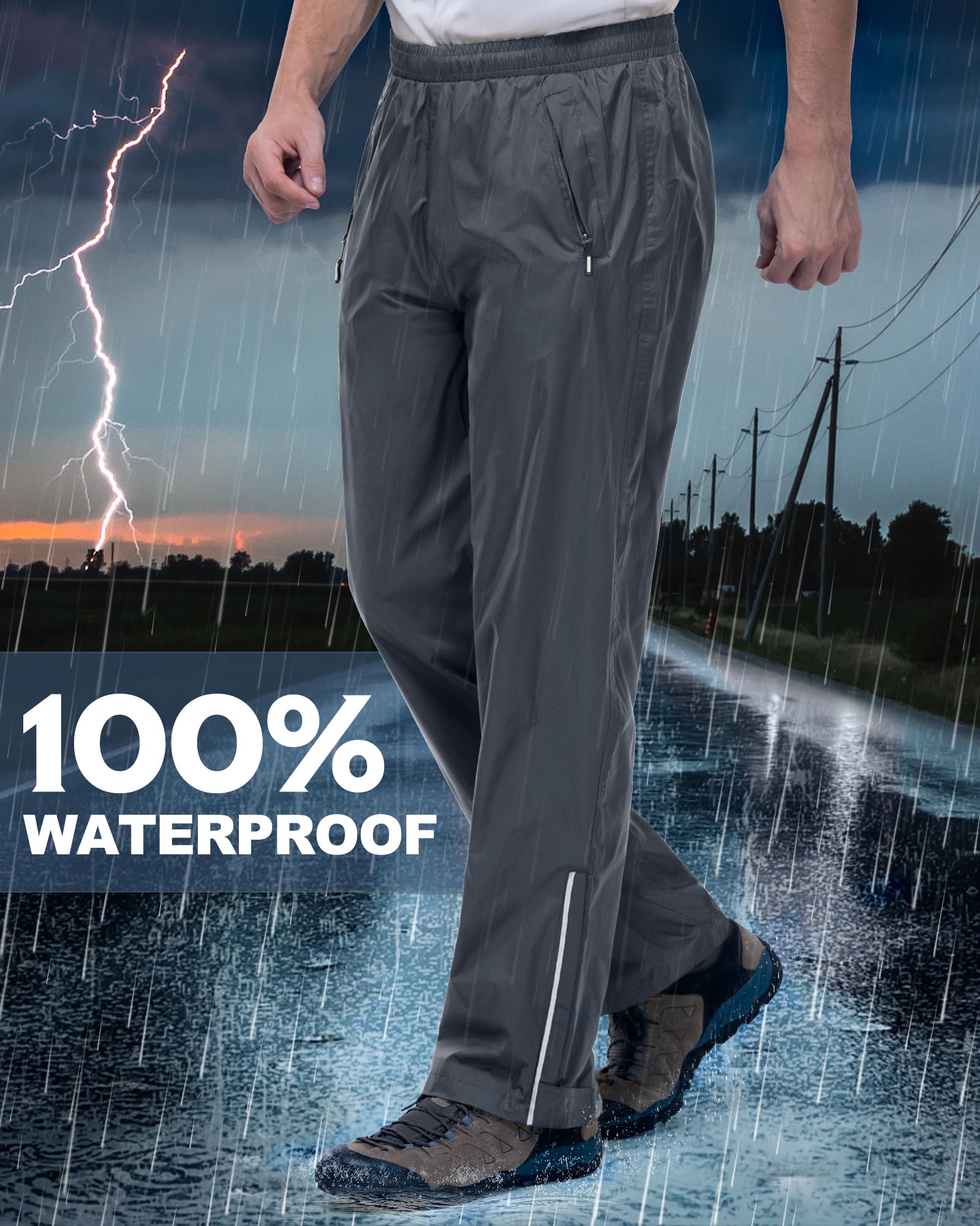 Outdoor Ventures Pantalon de pluie pour homme - Imperméable - Respirant - Coupe-vent - Pantalon de randonnée - Léger - Pliable, gris foncé, W46