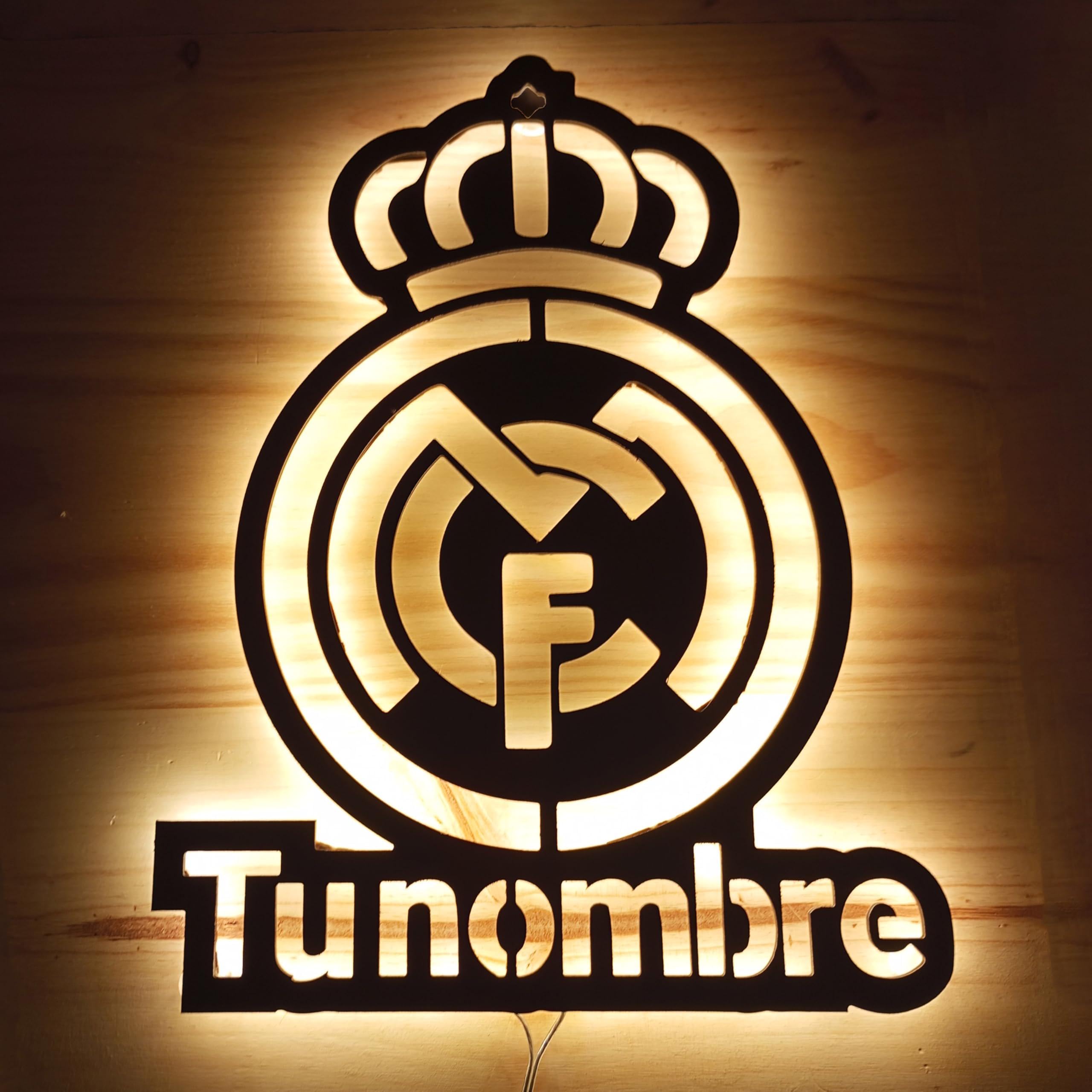 Cartel luminoso Madrid regalos con escudo de fútbol real personalizado - Iluminado en luz de led neón listo para colgar en la pared