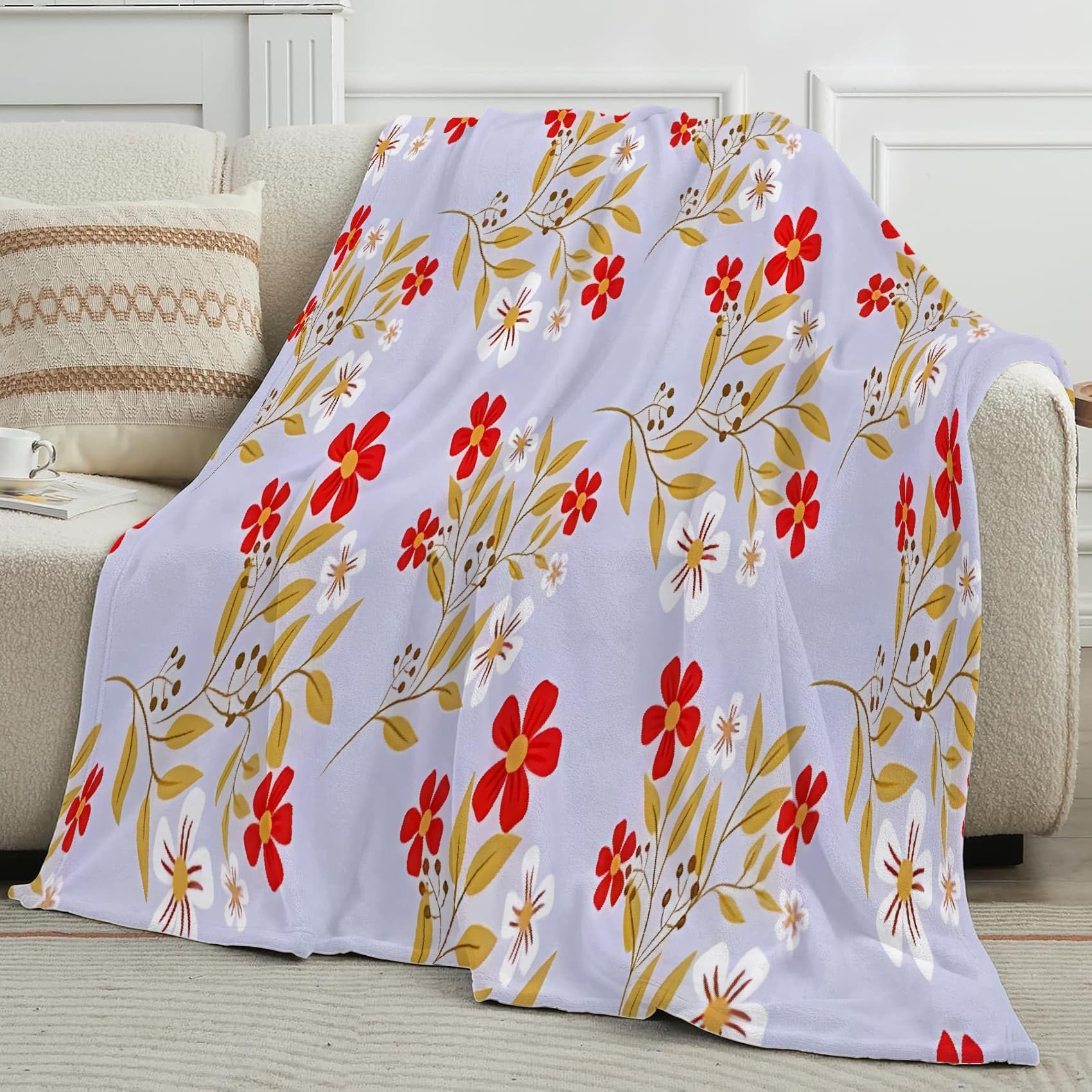 Czerwony i biały koc gałęzi w kwiaty świeżość retro koc polarowy flanelowy mikrofibra 180 x 220 cm, lekki, miękki, ciepły i wygodny, odpowiedni do sypialni i salonu