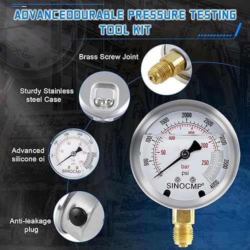 Miniatura 8 de SINOCMP Kit de prueba de presión hidráulica con 5 calibradores, 5 mangueras de prueba, 13 acoplamientos, 14 conectores en T, kit de medidor de