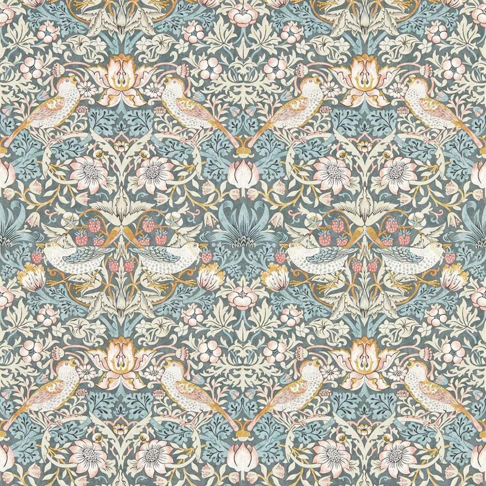 Yöl Slate/Blush Strawberry Thief Wallpaper - Blue, White - Floral Birds Flowers - Classic Paste The Wall Non-Woven