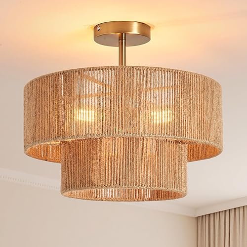Miniatura 13 de Lámpara de techo bohemia de 12.6 pulgadas para montaje en techo, lámpara de techo semiempotrada de cuerda de cáñamo costero, lámpara de techo de