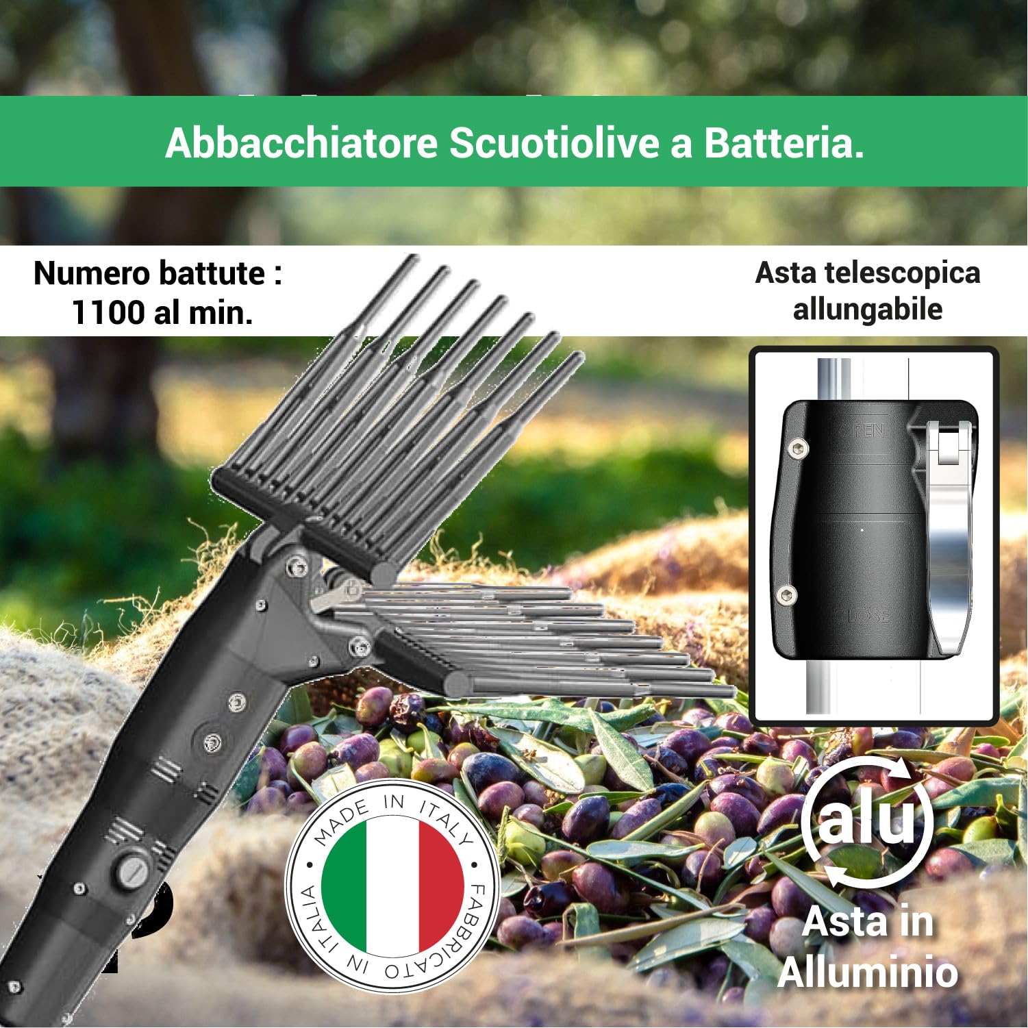 Crisalide® - Minelli OlivGreen A3 Scuotitore Raccogli Olive Abbacchiatore Scuotiolive a Batteria - Nero