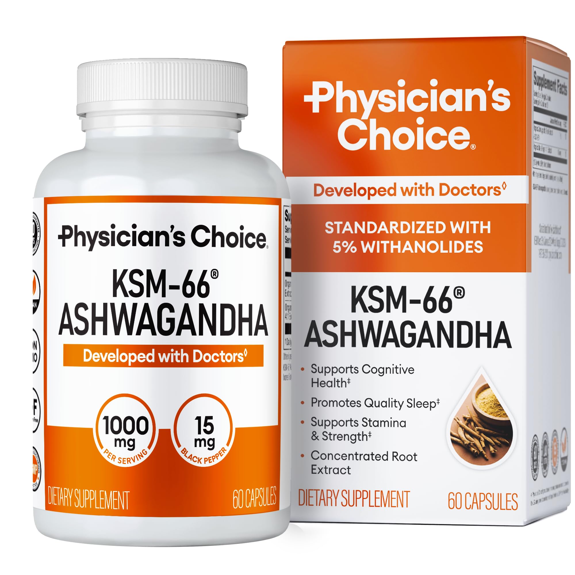 KSM-66 Ashwagandha Root Powder Extract 1,000mg - Clinically Studied Organic Ashwagandha with Black Pepper for Maximum Absorption - 5% Withanolides - Stress, Mood & Athletic Support - 60 Vegan Capsules