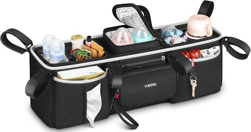 Heavy Duty Double Stroller Organizer, Large Capacity Stroller Caddy | for Bob Duallie, City Mini GT2 , Jeep, Detachable Cooler Bag and Handbag, Stroller Storage Attachment for Baby Accessories