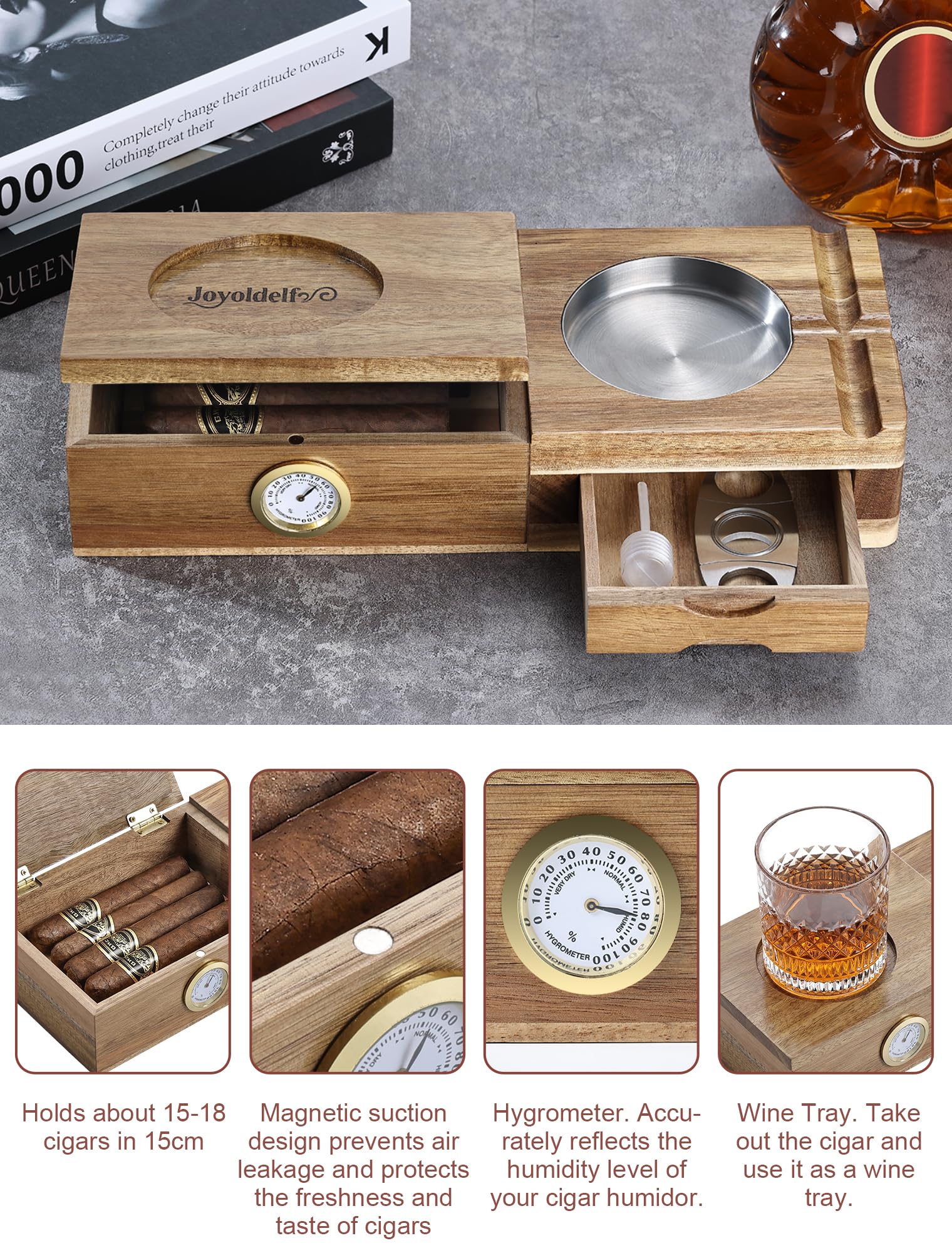 Joyoldelf Set di posacenere per sigari in legno massello, 5 in 1, con supporto per vino, umidificatore per sigari in cedro, posacenere in metallo, fessure, cassetto, accessori per sigari da uomo,