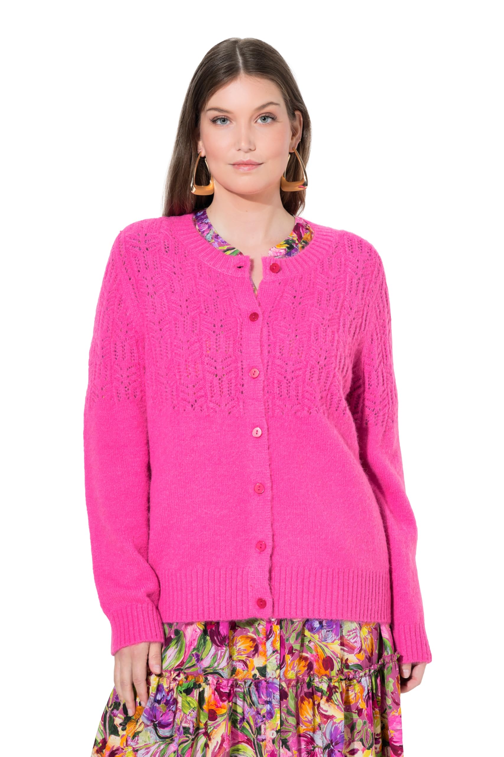 Ulla Popken Damen große Größen Übergrößen Plus Size Strickjacke, Ajourmuster, Rundhals, Langarm 845503