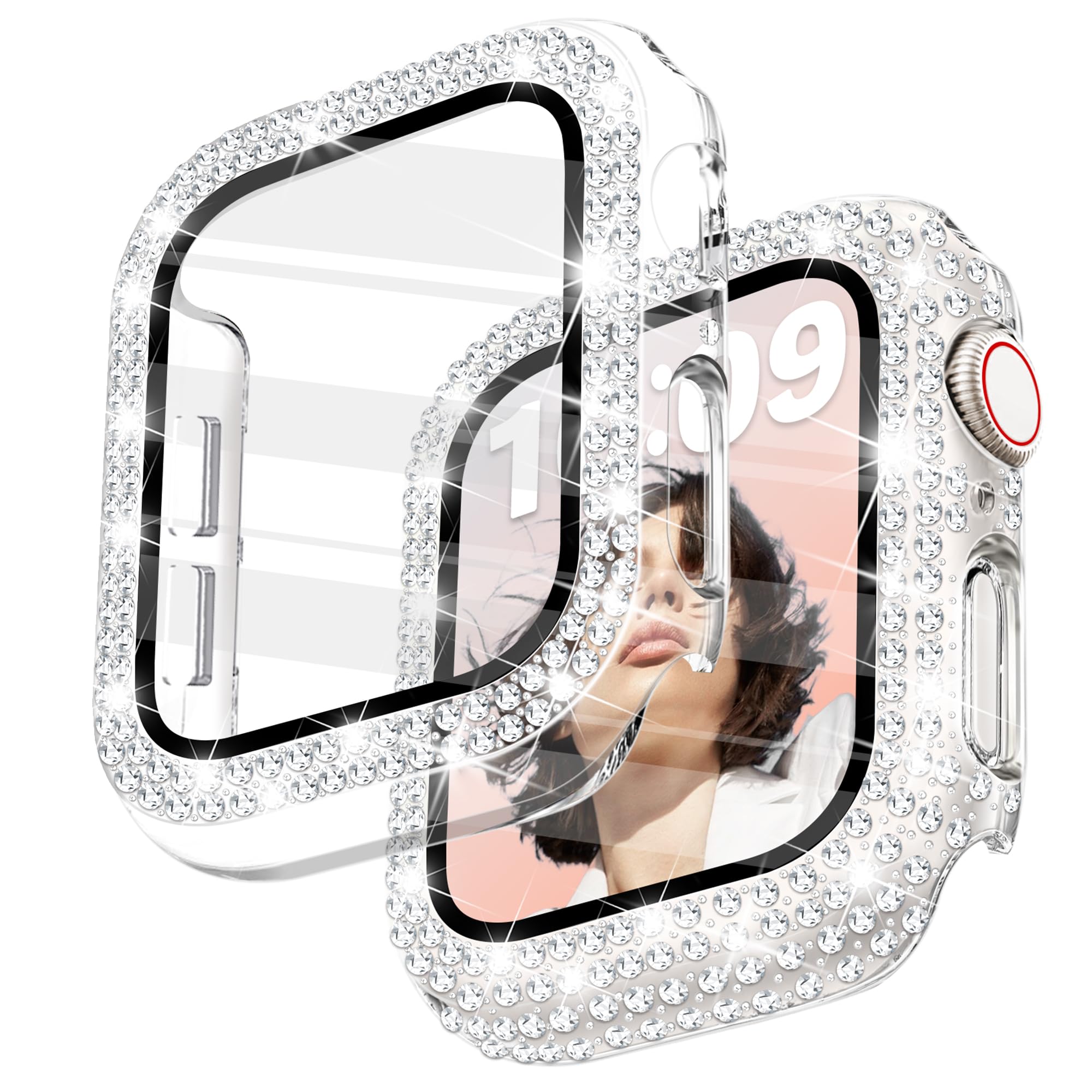 Newlibery 2-Pack Bling Case with HD Screen Protector Women Compatible with Apple Watch 45mm Diamond PC Bumper Full Protective Face Cover for iWatch